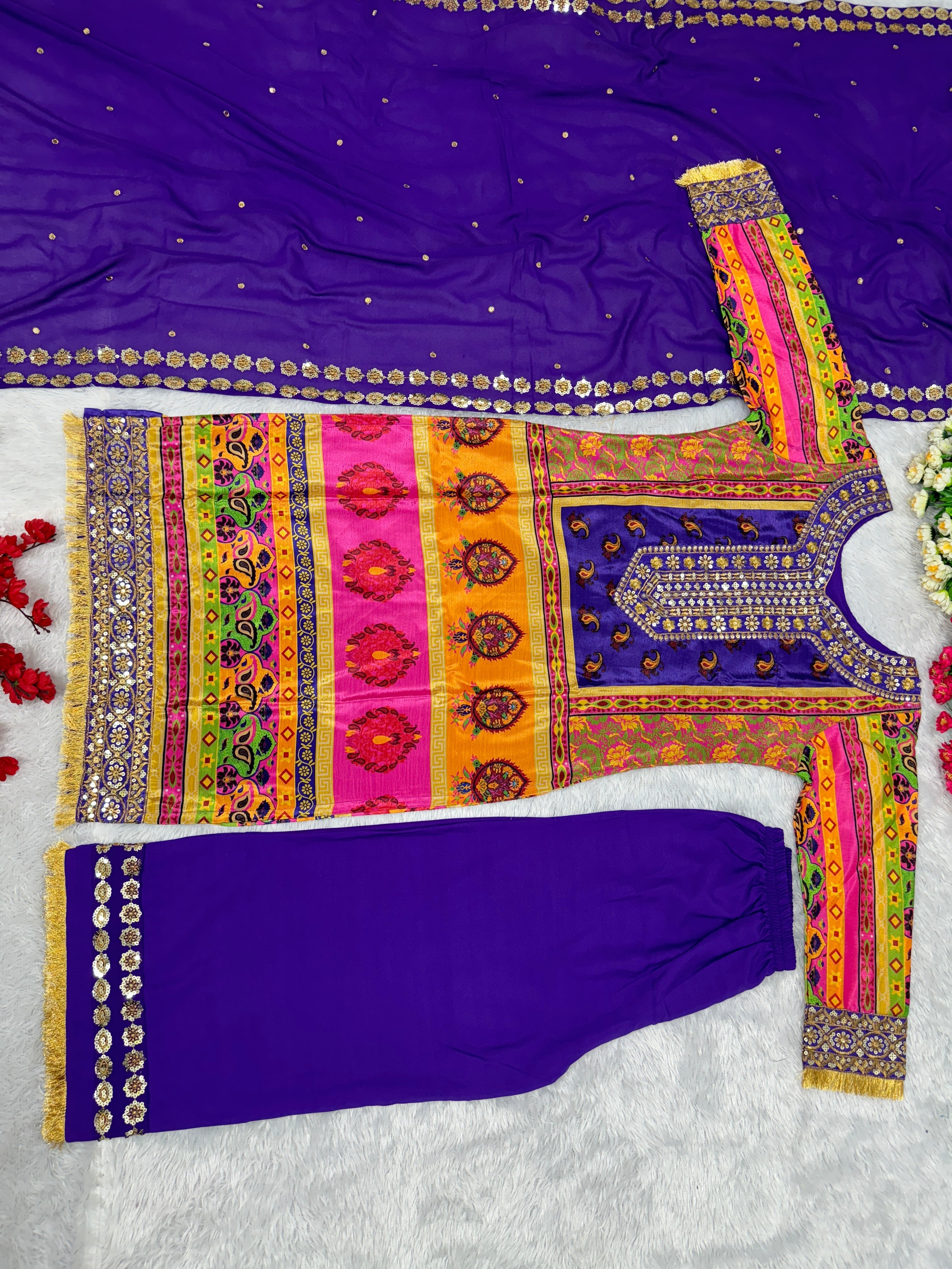 Beautiful Top Bottom And Dupatta With Digital Print Hand Work