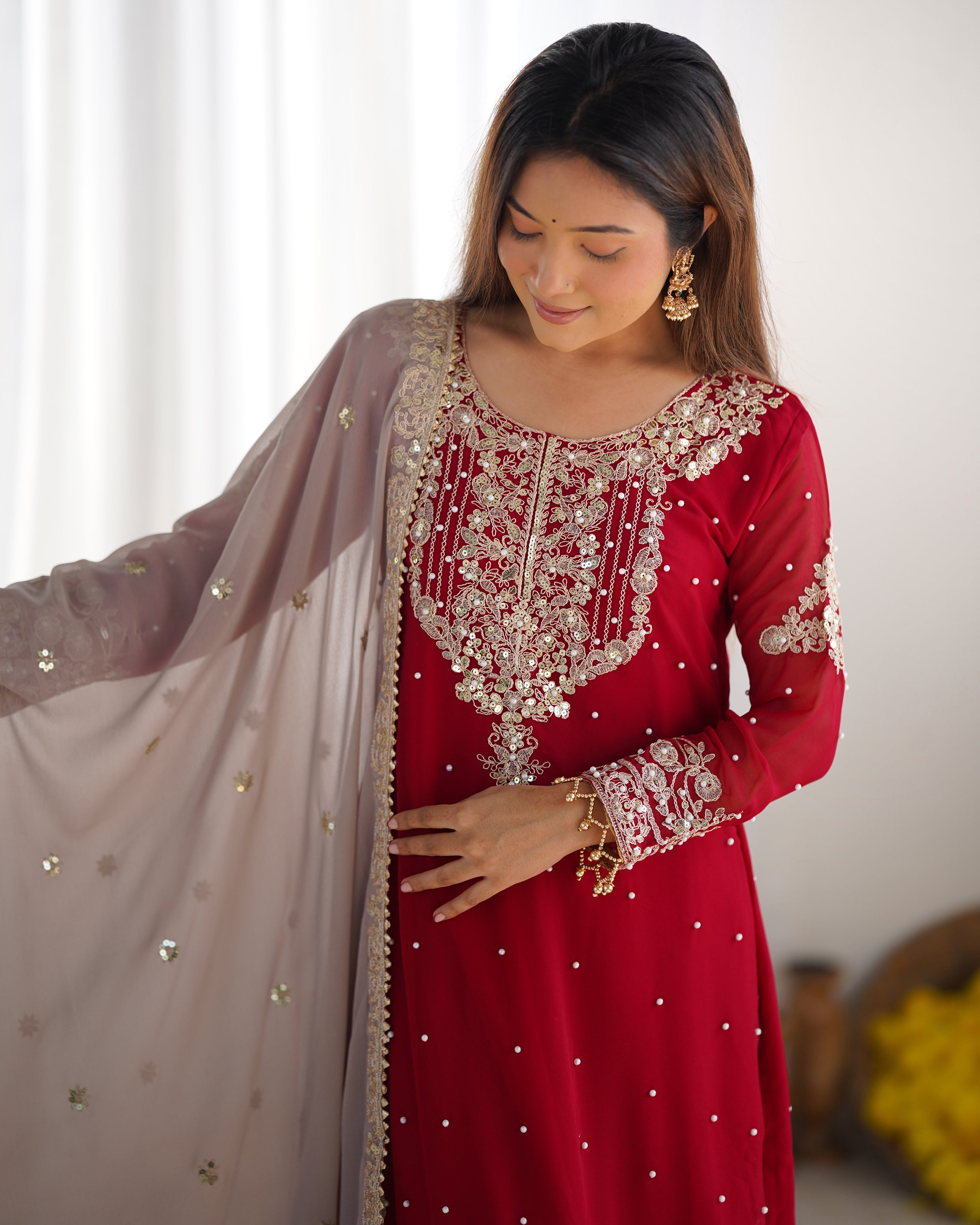 Top-Bottom And Dupatta With Heavy Embroidery Coding Dori-Sequence Work