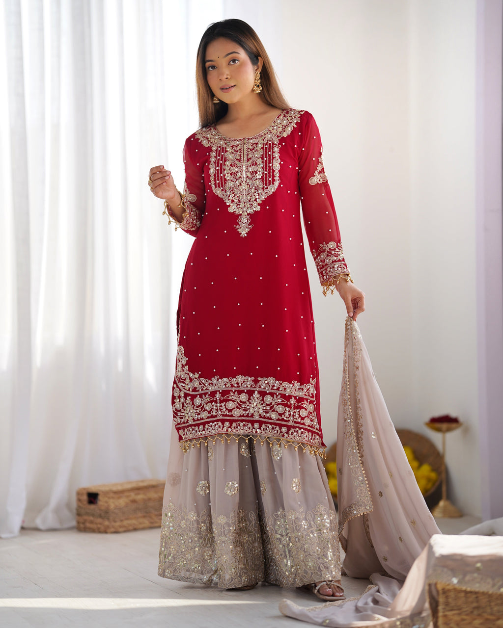 Top-Bottom And Dupatta With Heavy Embroidery Coding Dori-Sequence Work