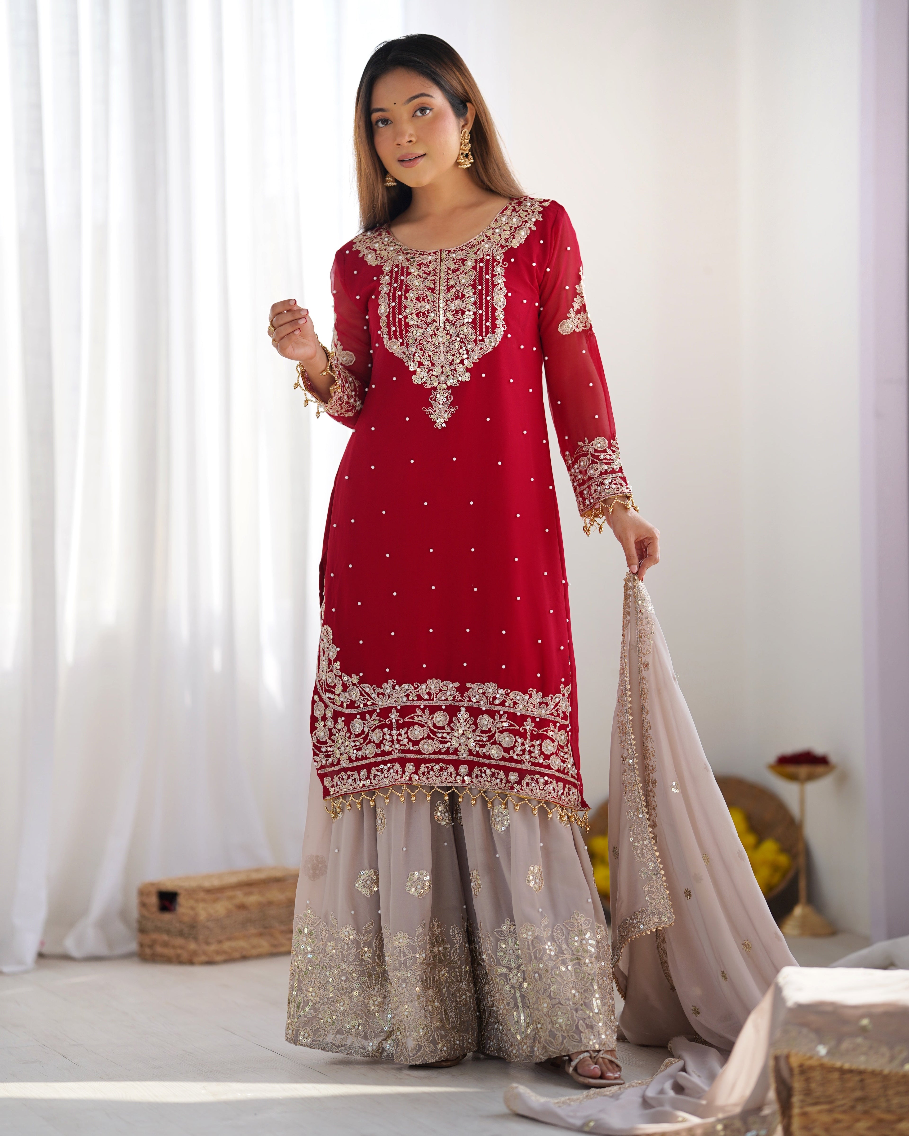 Top-Bottom And Dupatta With Heavy Embroidery Coding Dori-Sequence Work