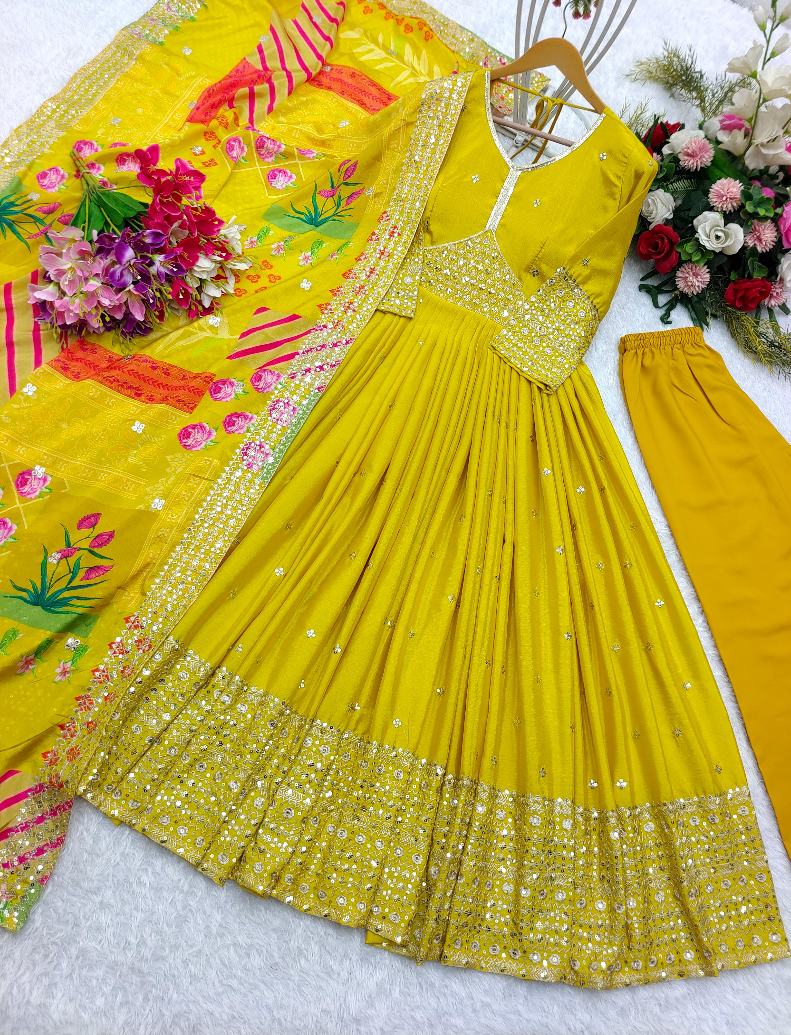 Designer Party Wear Gown With Pent And Dupatta Set