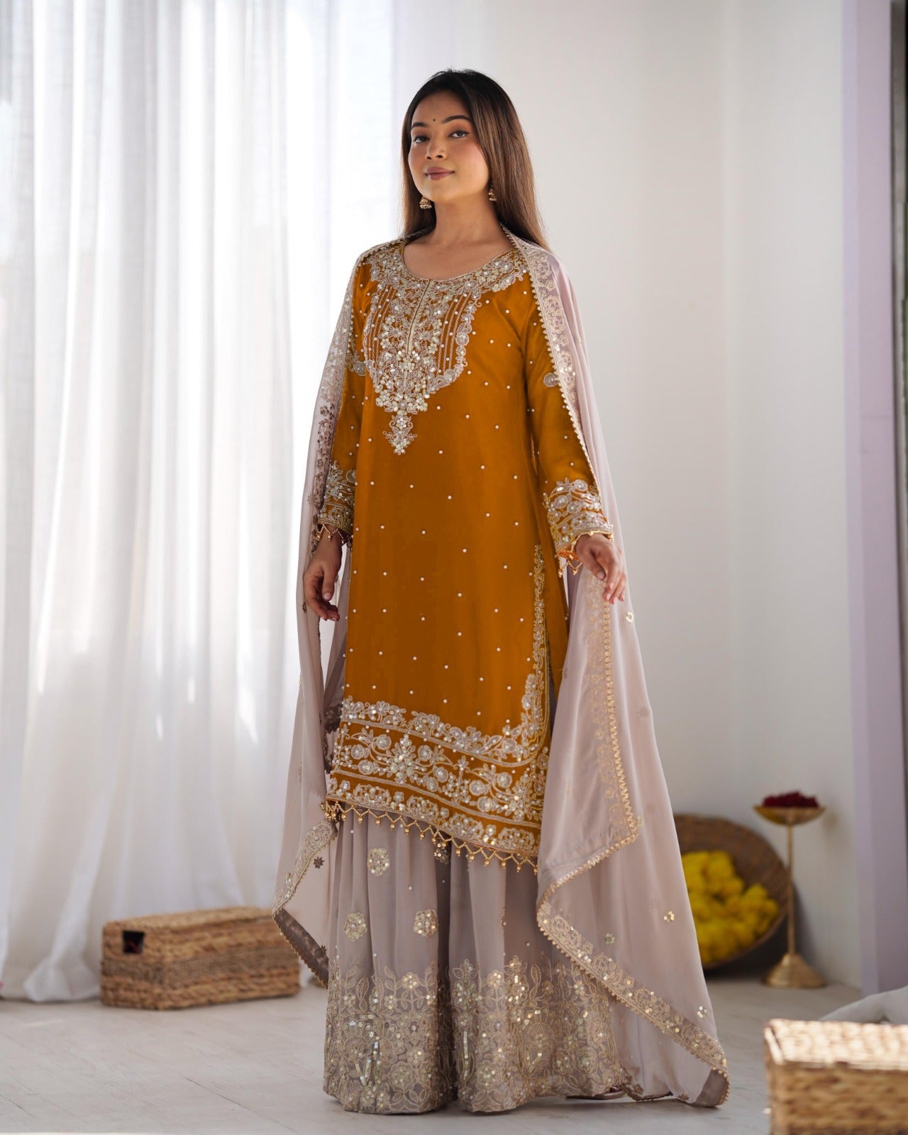 Top-Bottom And Dupatta With Heavy Embroidery Coding Dori-Sequence Work