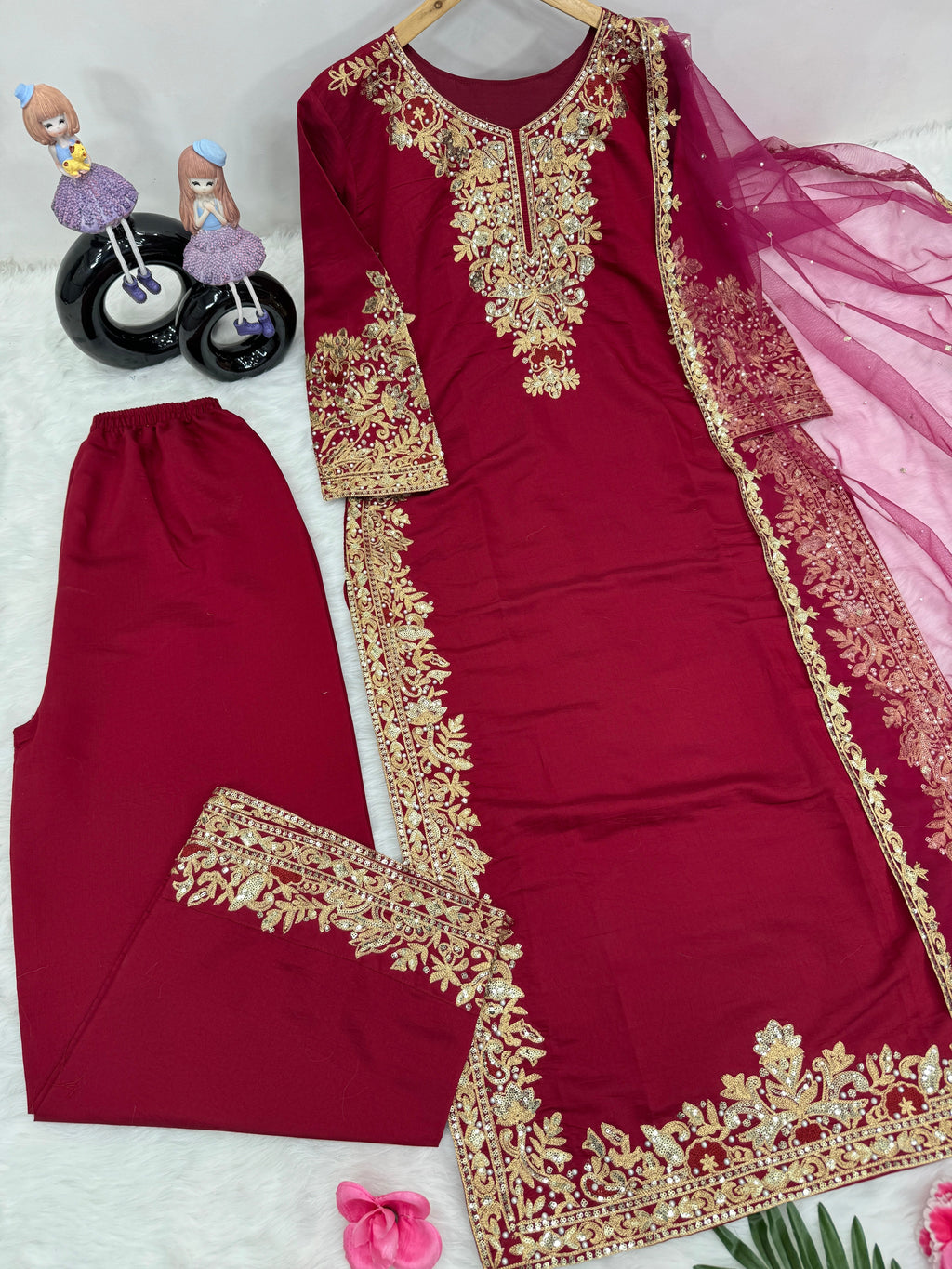 Beautiful Party Wear Top Pent And Dupatta With Hand Work