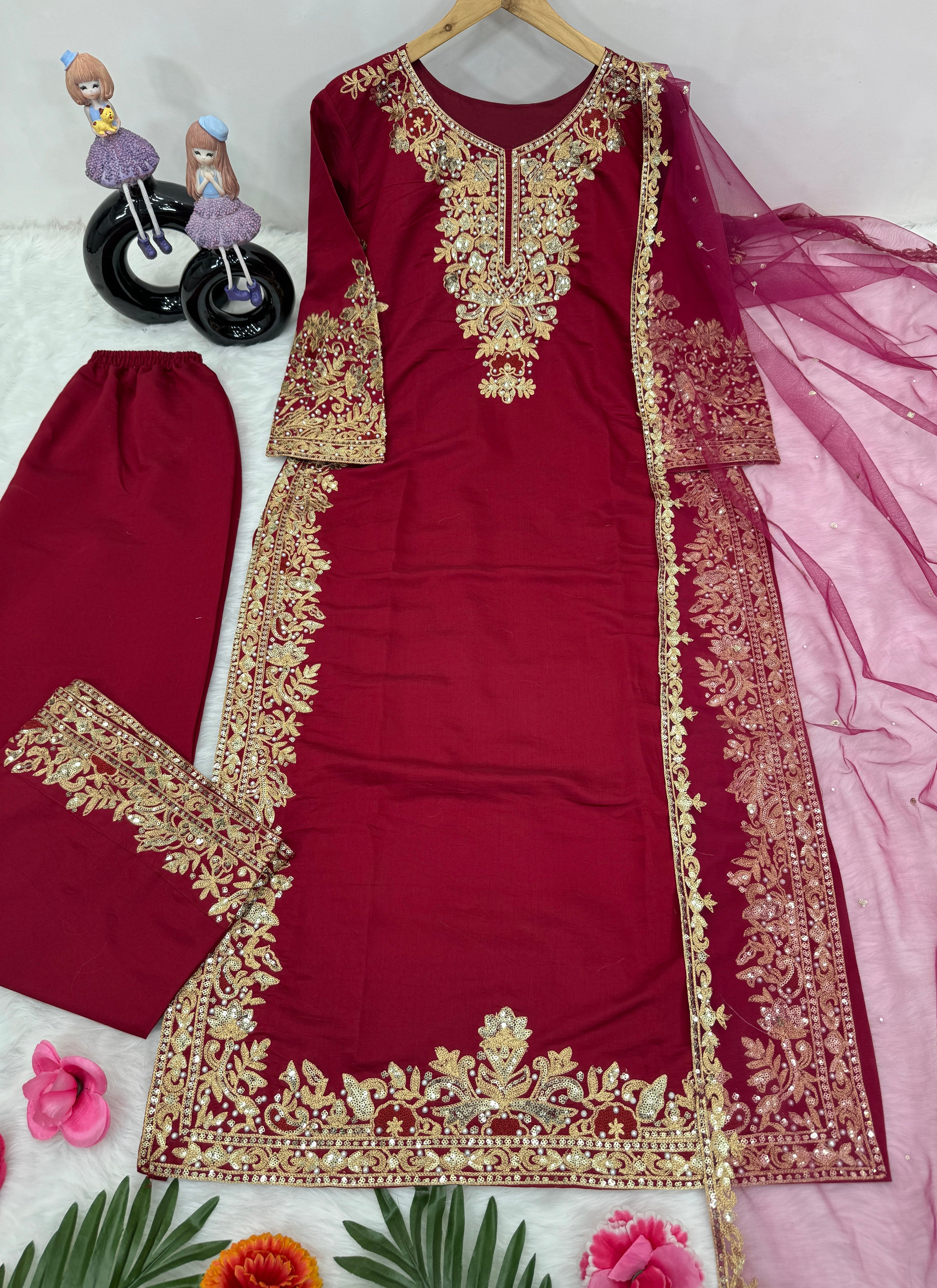 Beautiful Party Wear Top Pent And Dupatta With Hand Work