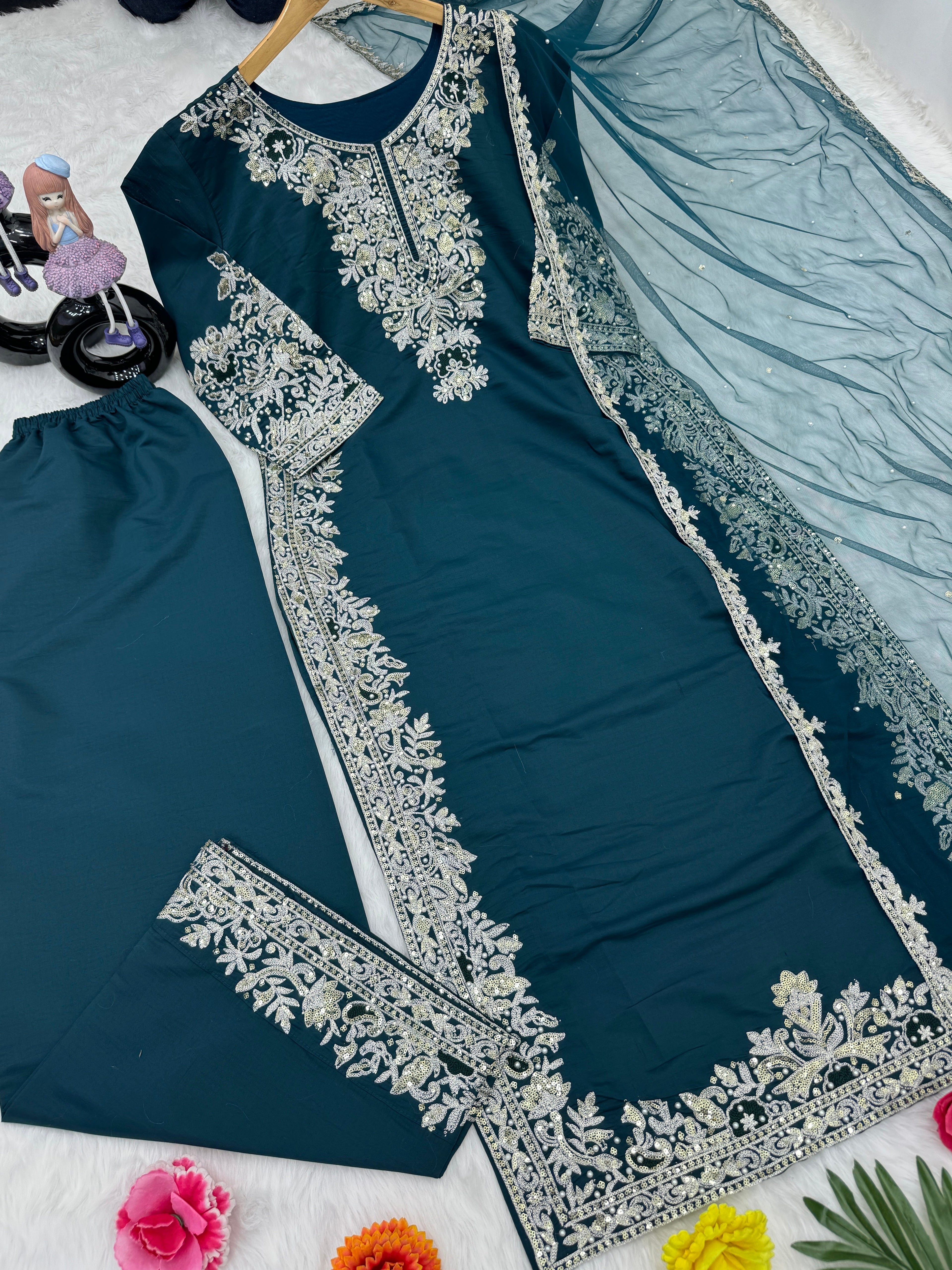 Beautiful Party Wear Top Pent And Dupatta With Hand Work