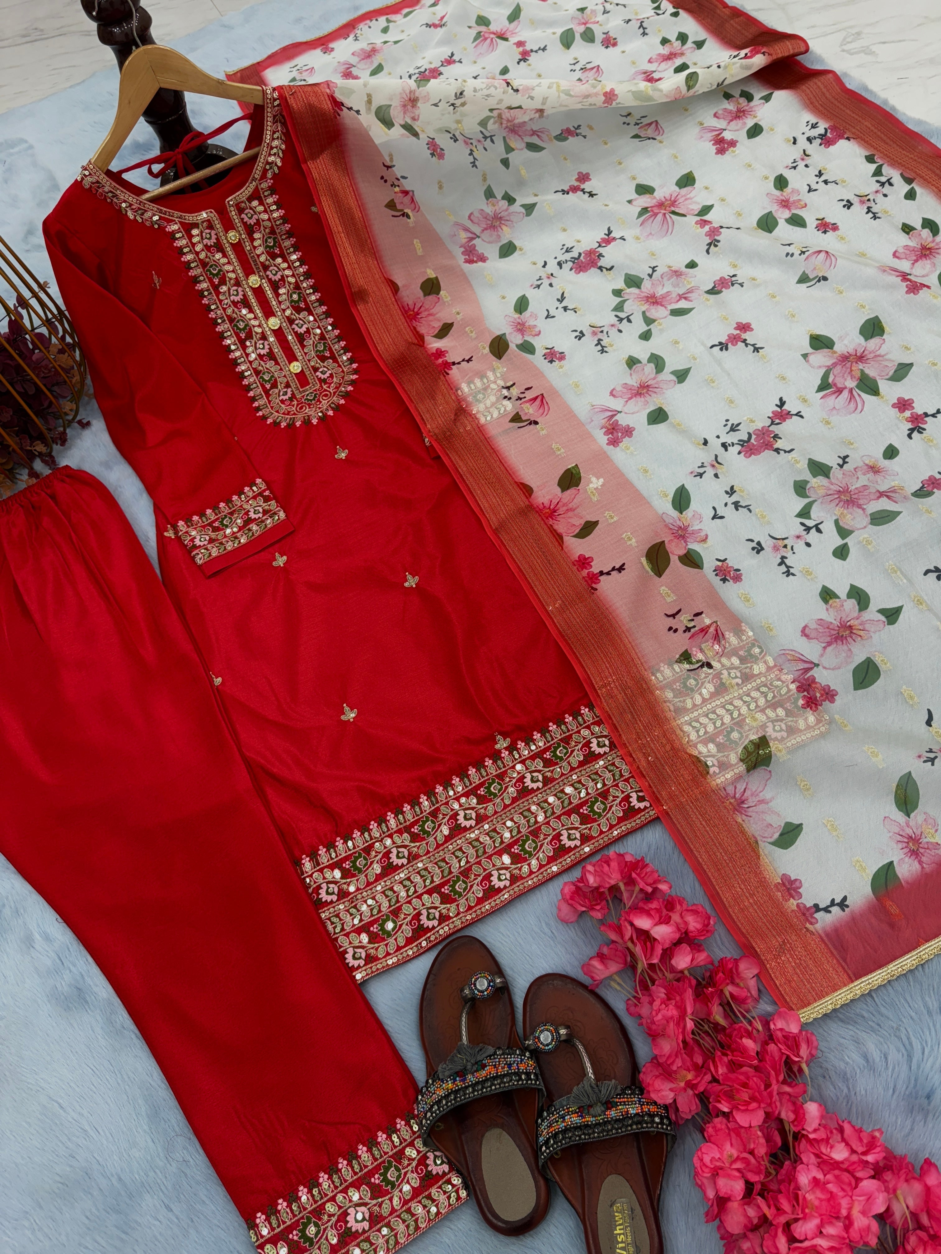 Designer Party Wear Look Silk Top Bottom & Dupatta Set