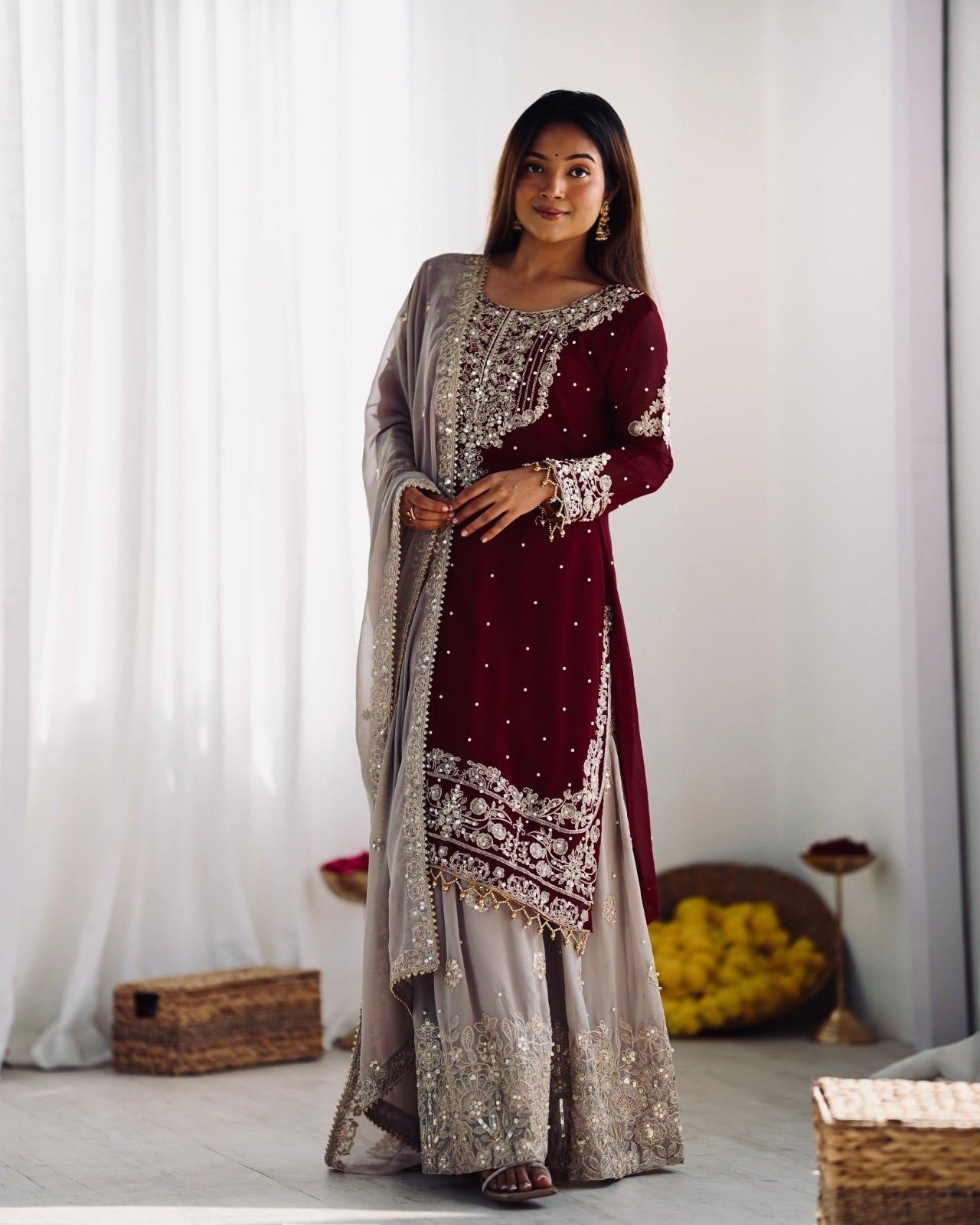 Top-Bottom And Dupatta With Heavy Embroidery Coding Dori-Sequence Work