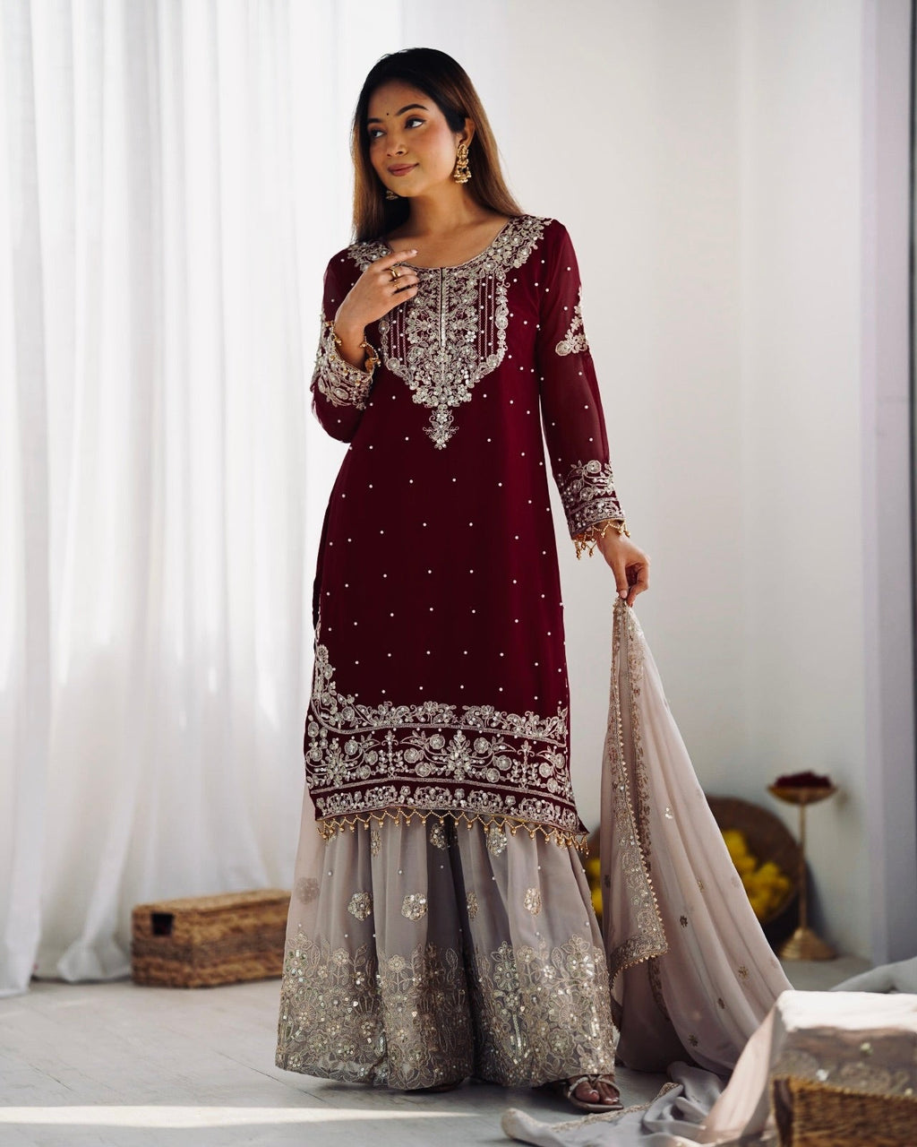 Top-Bottom And Dupatta With Heavy Embroidery Coding Dori-Sequence Work