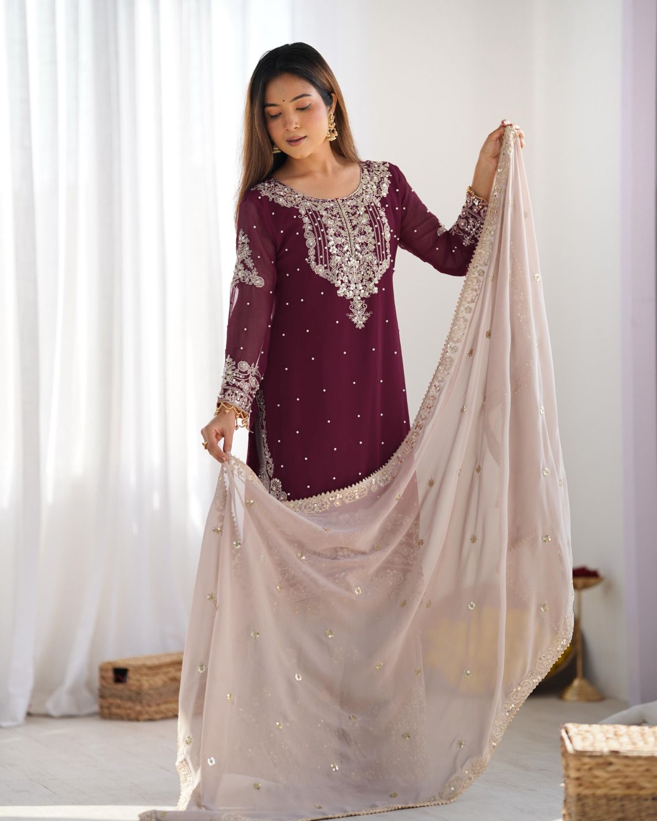 Top-Bottom And Dupatta With Heavy Embroidery Coding Dori-Sequence Work