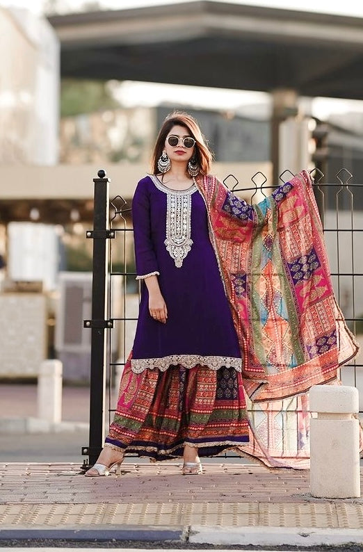 Party Wear Look Pure Chinon Silk Top Plazzo & Dupatta Set
