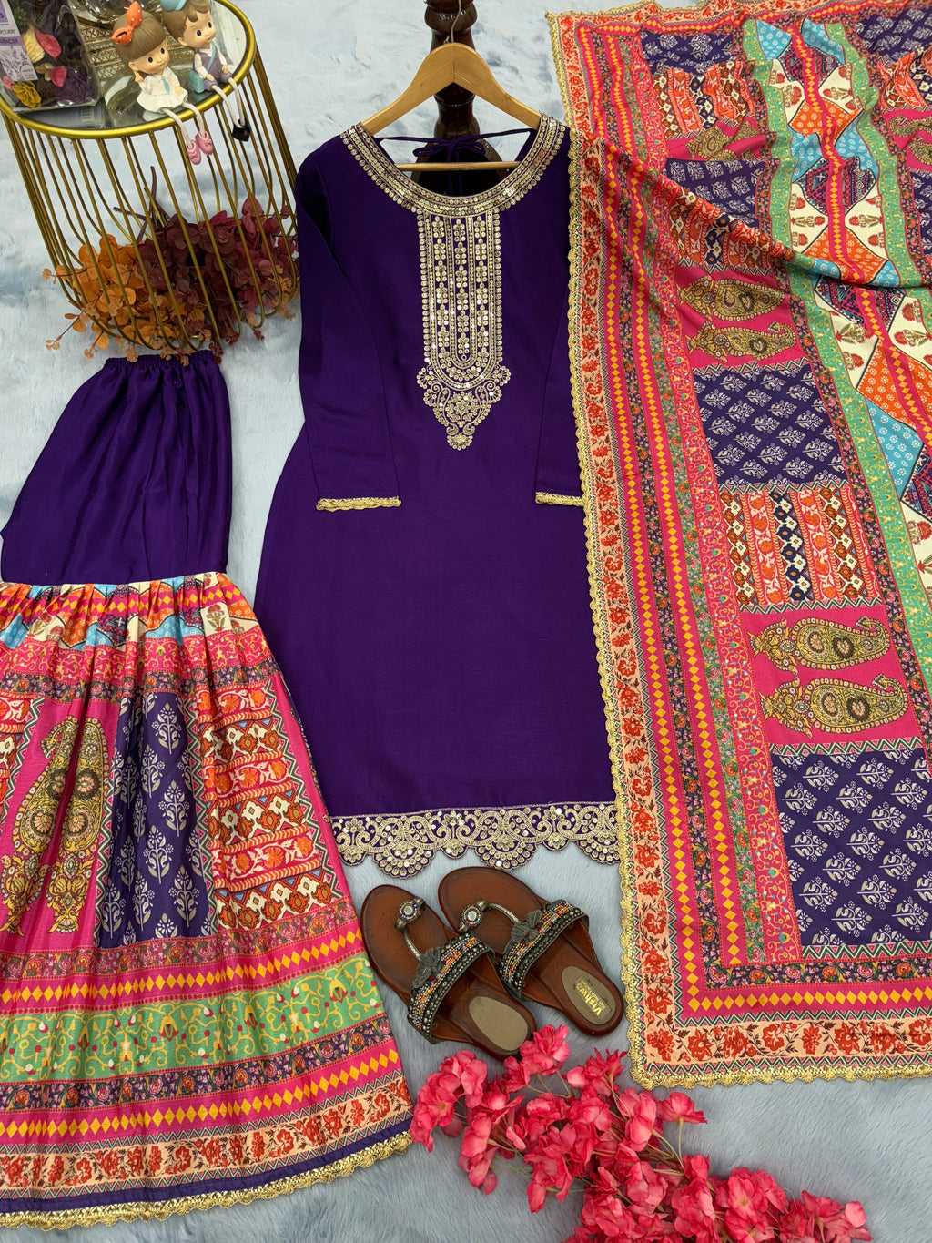 Party Wear Look Pure Chinon Silk Top Plazzo & Dupatta Set