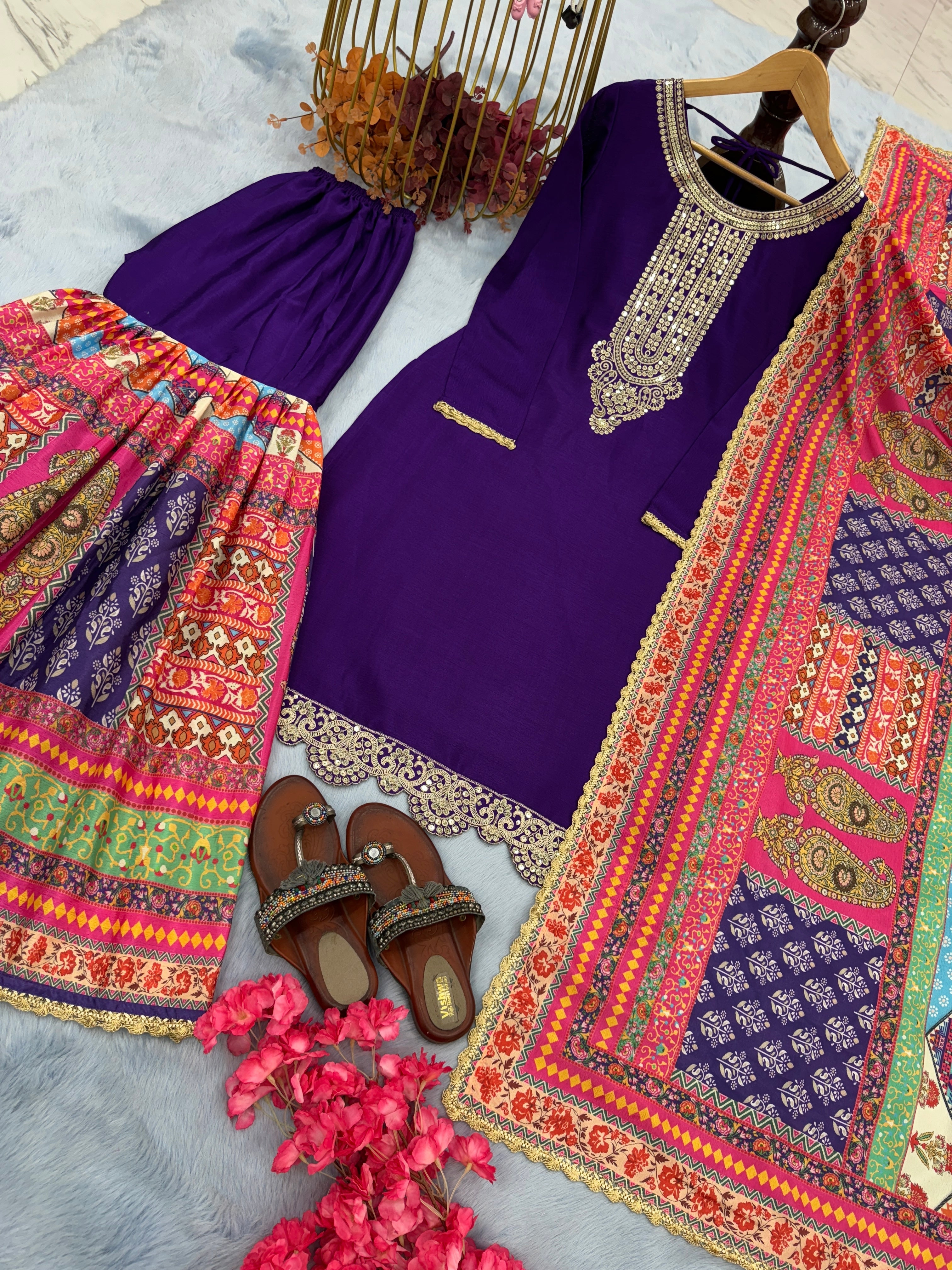 Party Wear Look Pure Chinon Silk Top Plazzo & Dupatta Set