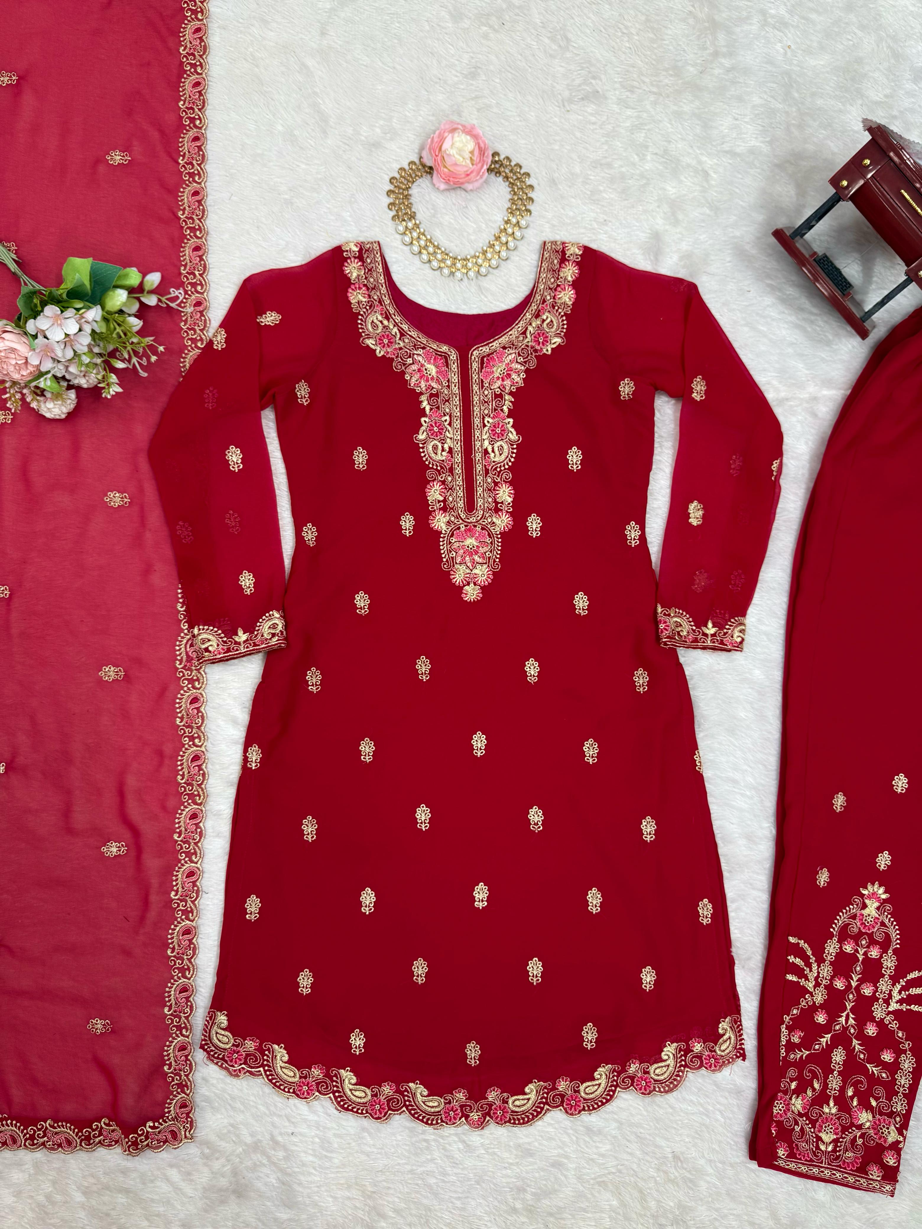 Designer Party Wear Top Bottom And Dupatta With Thread Work
