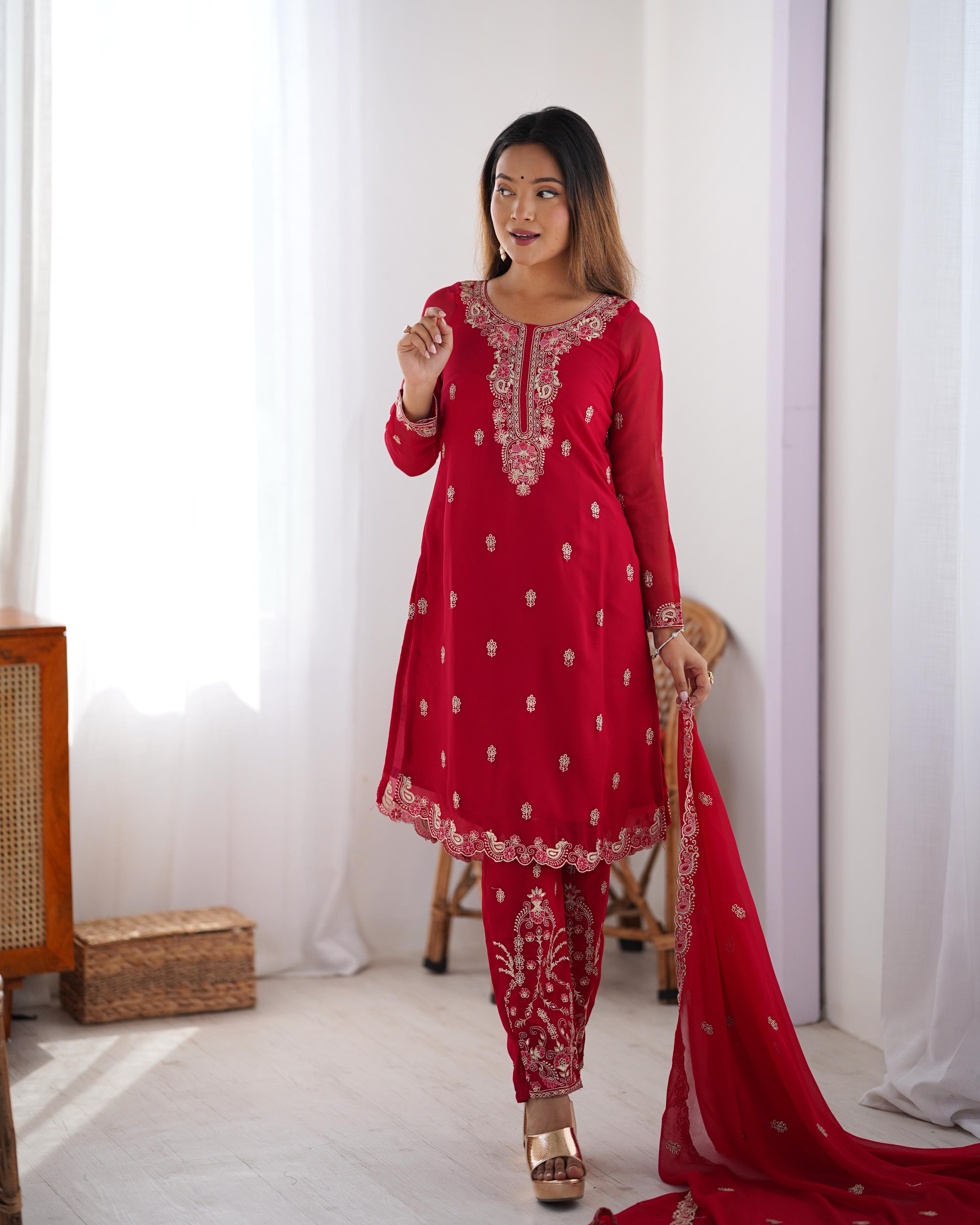 Designer Party Wear Top Bottom And Dupatta With Thread Work