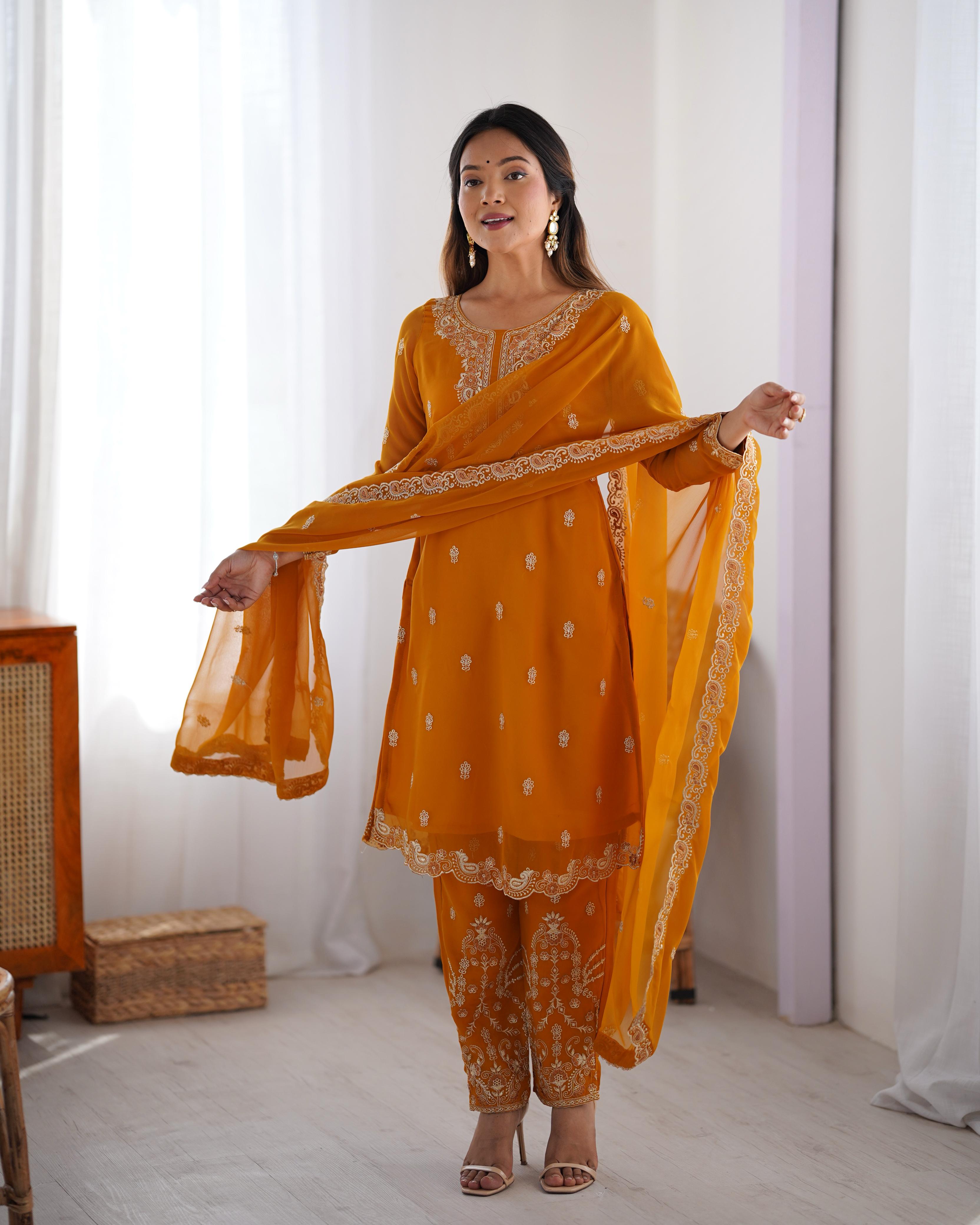 Designer Party Wear Top Bottom And Dupatta With Thread Work