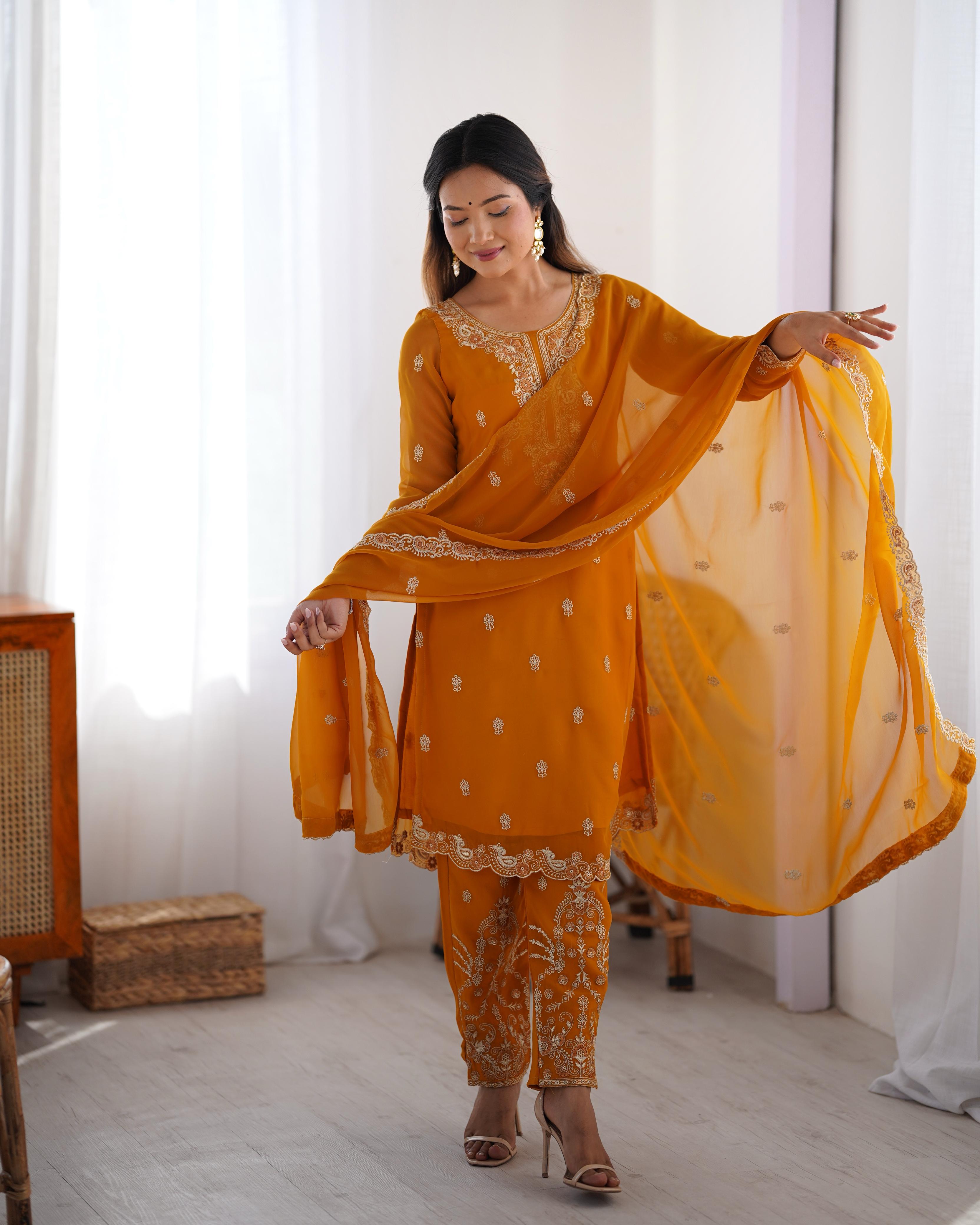 Designer Party Wear Top Bottom And Dupatta With Thread Work