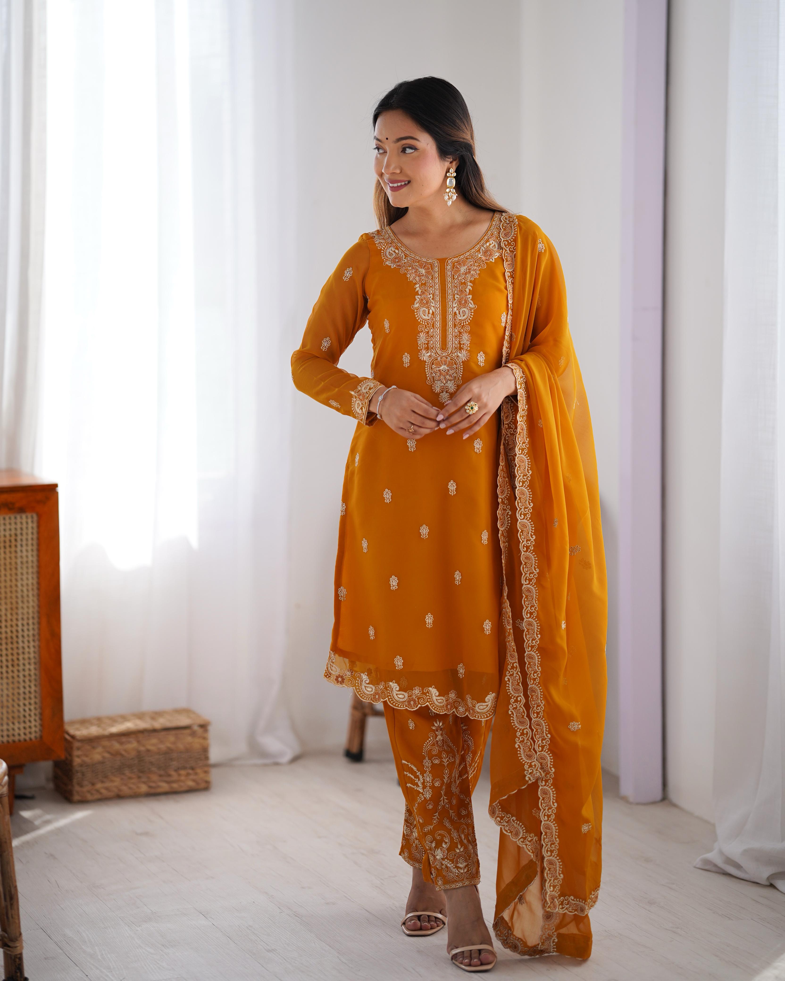 Designer Party Wear Top Bottom And Dupatta With Thread Work