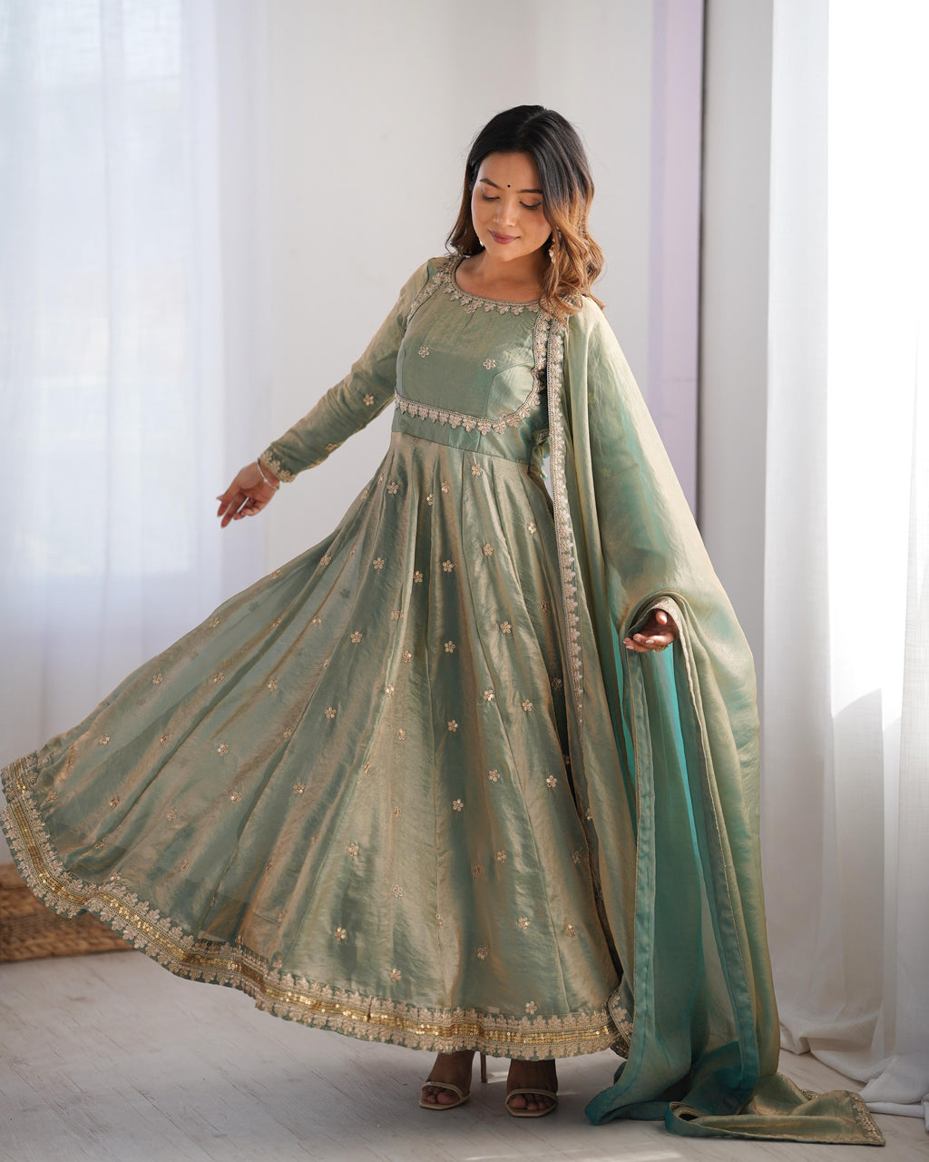 Beautiful Anarkali Gown Pent And Dupatta Coding With Sequence Work