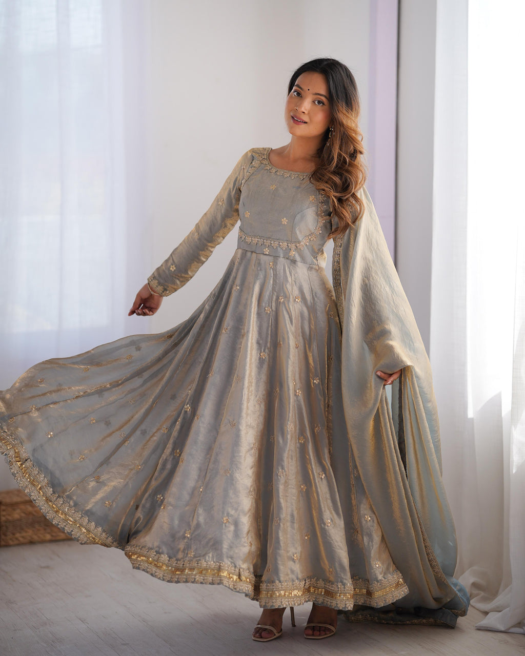 Beautiful Anarkali Gown Pent And Dupatta Coding With Sequence Work