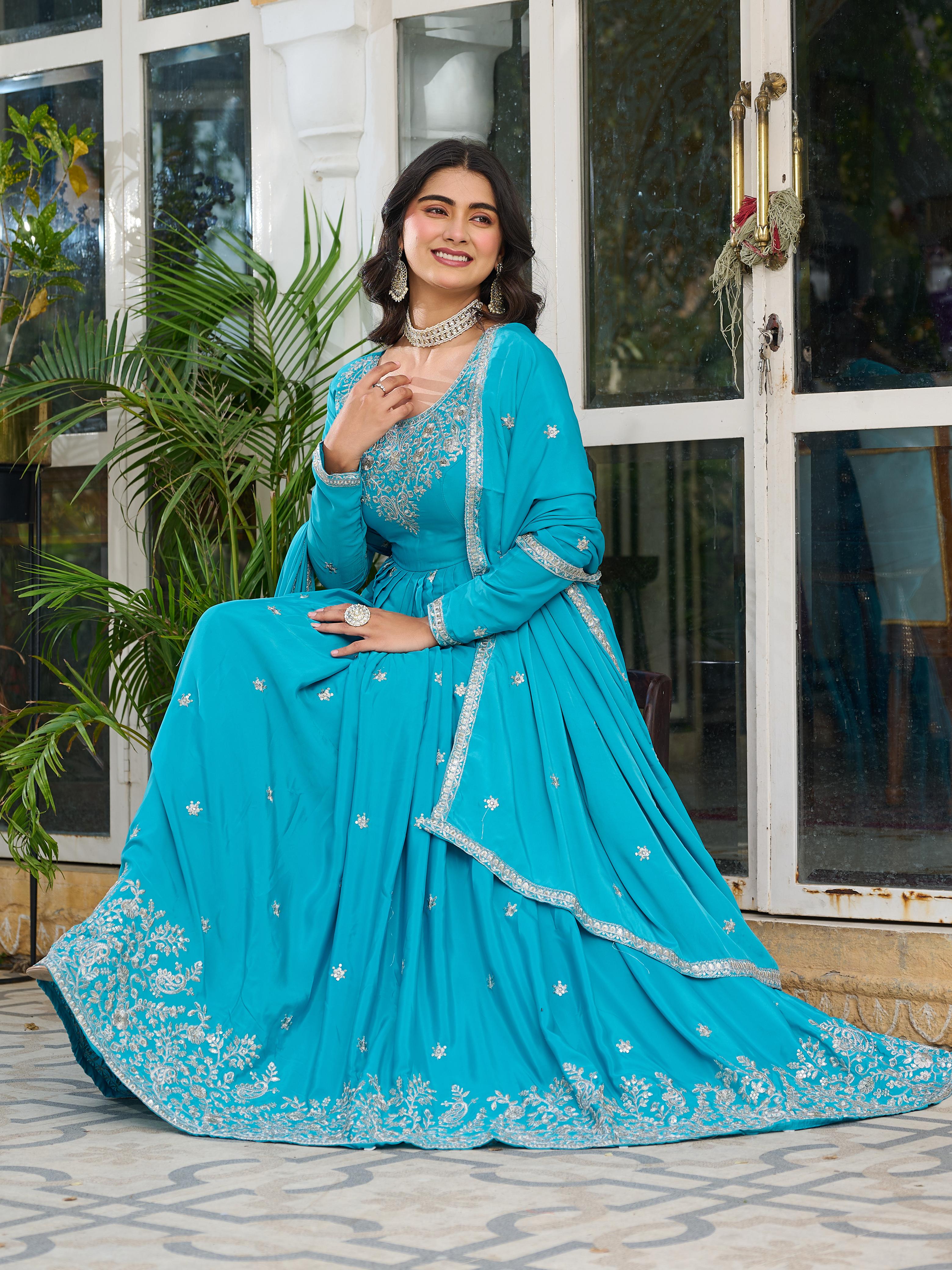 Designer Party Wear Anarkali Gown With Thread & Sequence Work