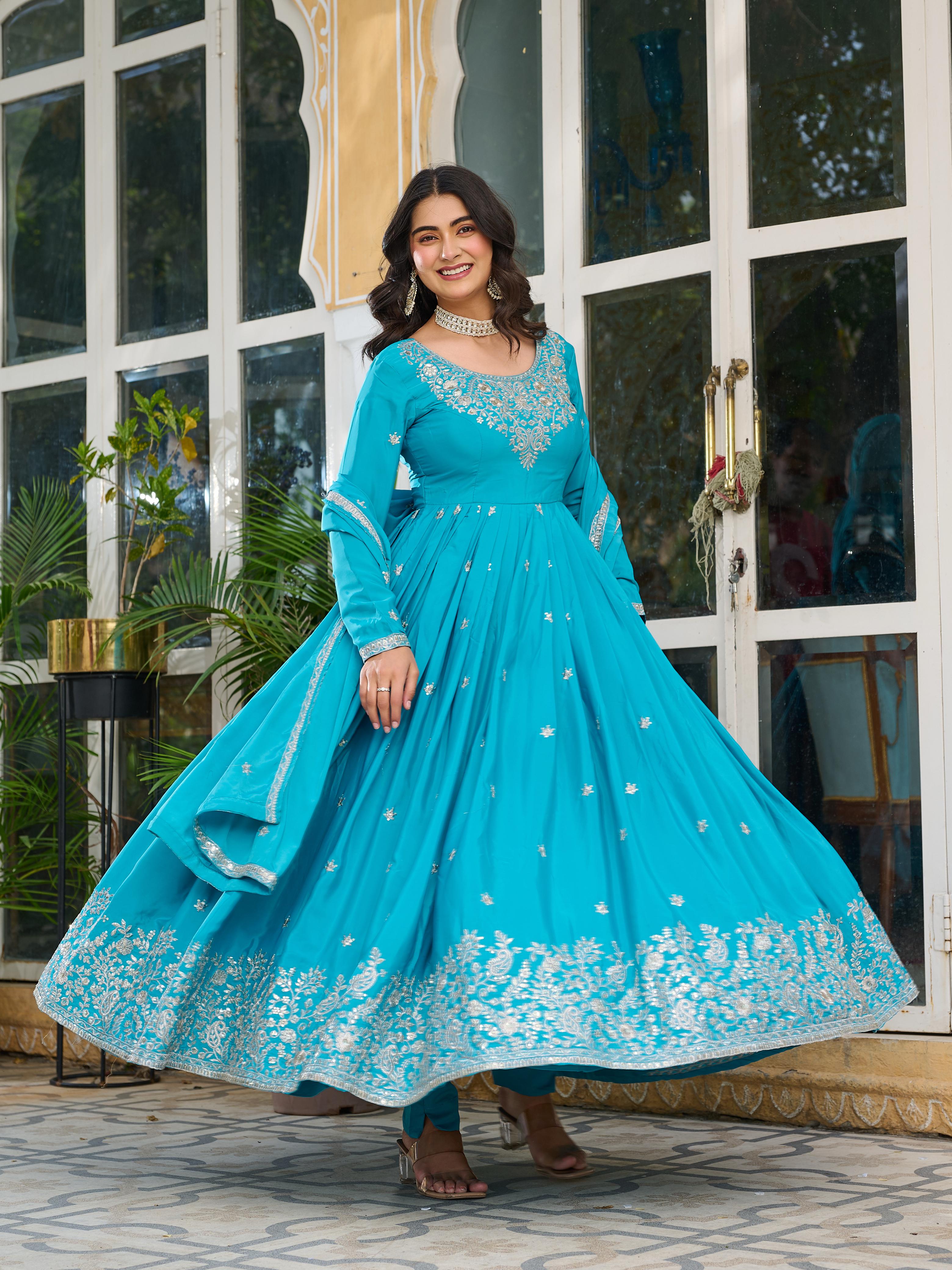 Designer Party Wear Anarkali Gown With Thread & Sequence Work