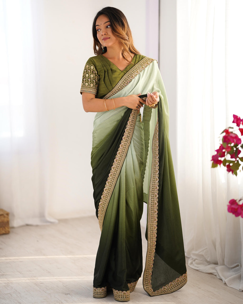 Beautiful Party Wear Saree With Thread & Sequence Lace Work