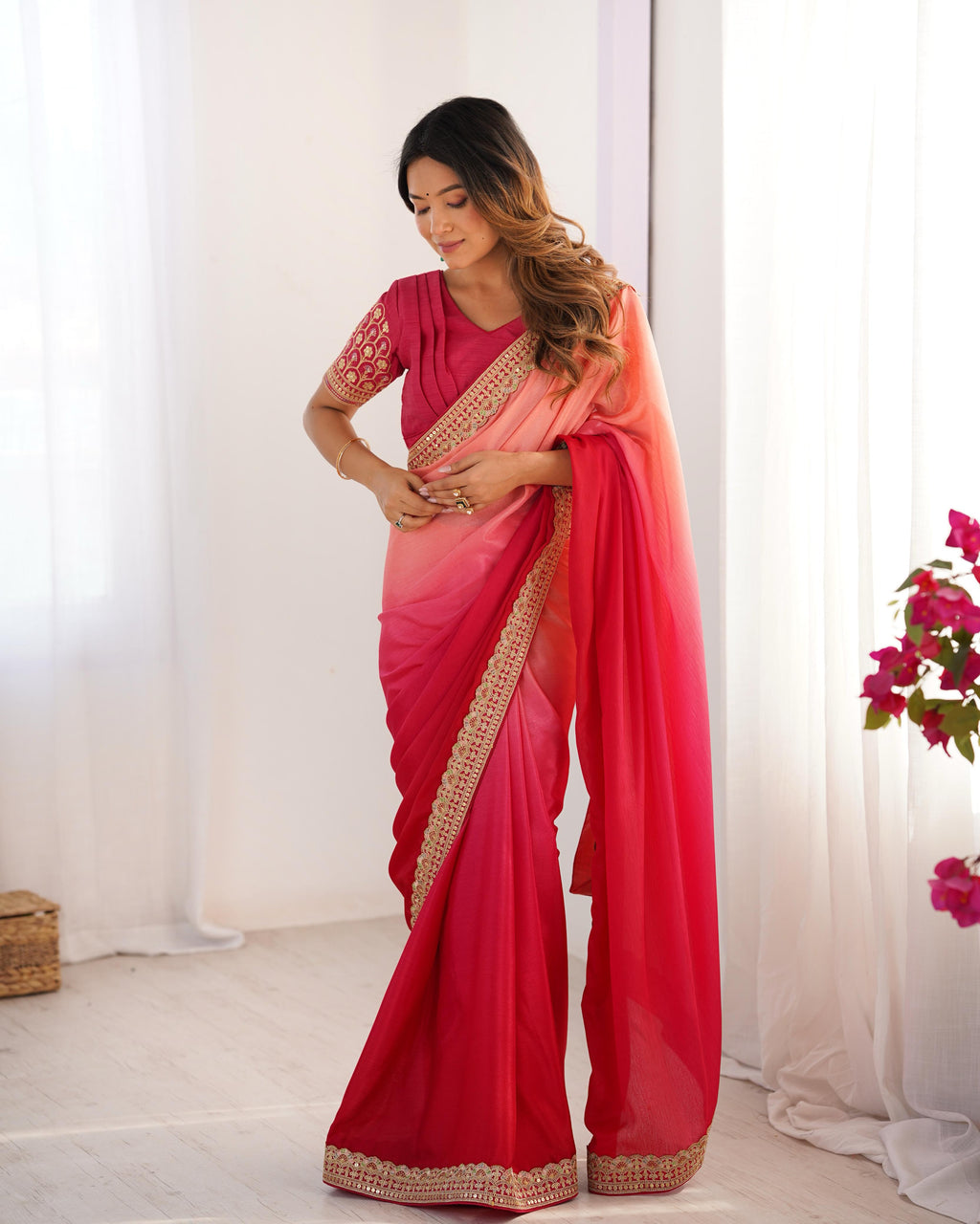 Beautiful Party Wear Saree With Thread & Sequence Lace Work