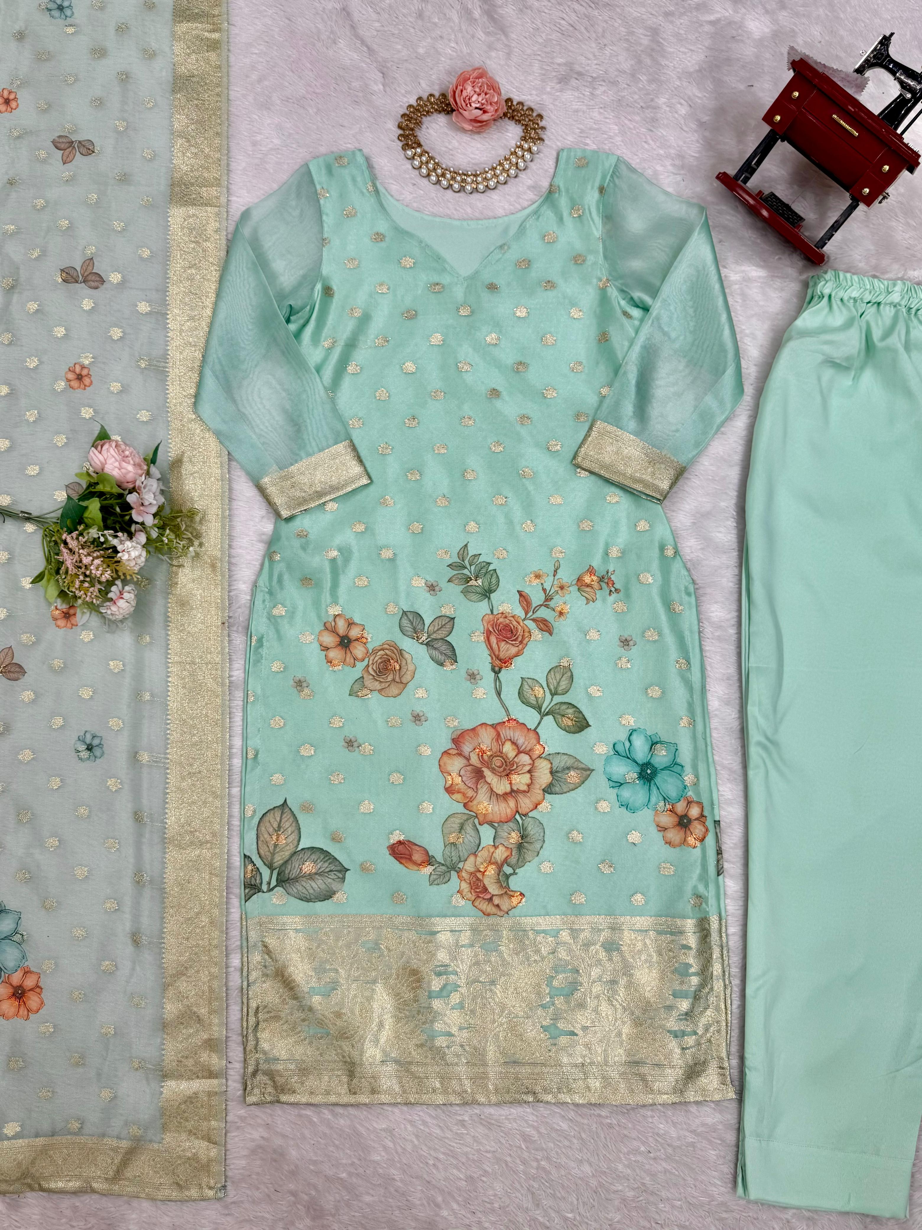 Beautiful Top Pent And Dupatta With  Jacquard Work & Digital Print
