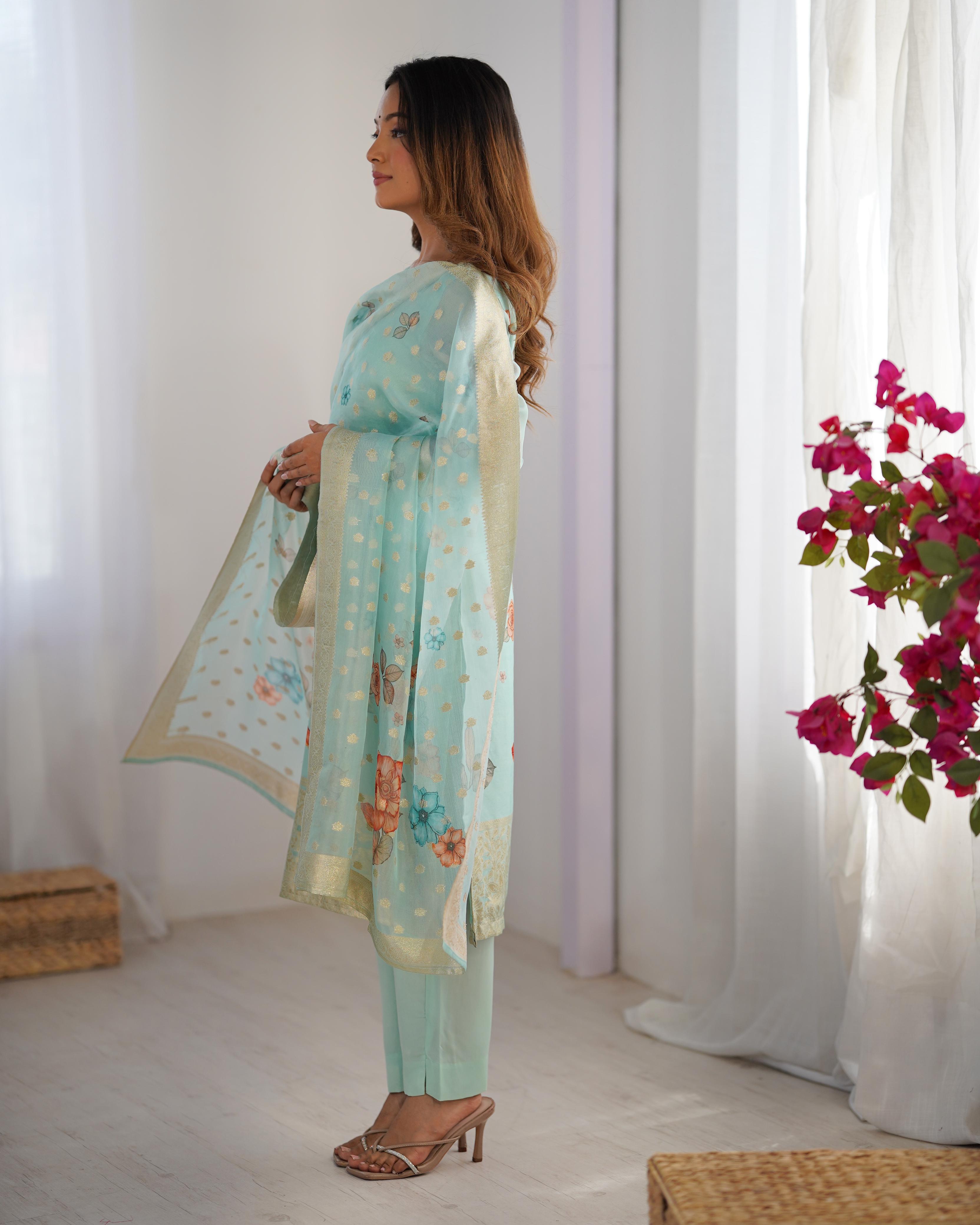 Beautiful Top Pent And Dupatta With  Jacquard Work & Digital Print
