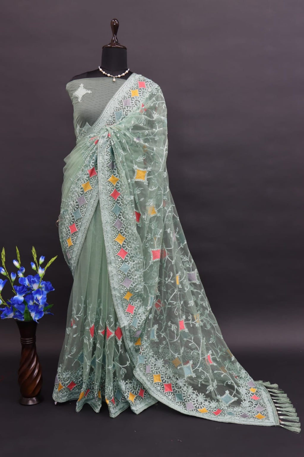 Designer Saree With Multi Color Thread And Zari Embroidery Work