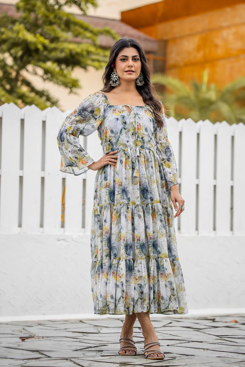 Stylish Georgette Gown With Geometric Digital Print