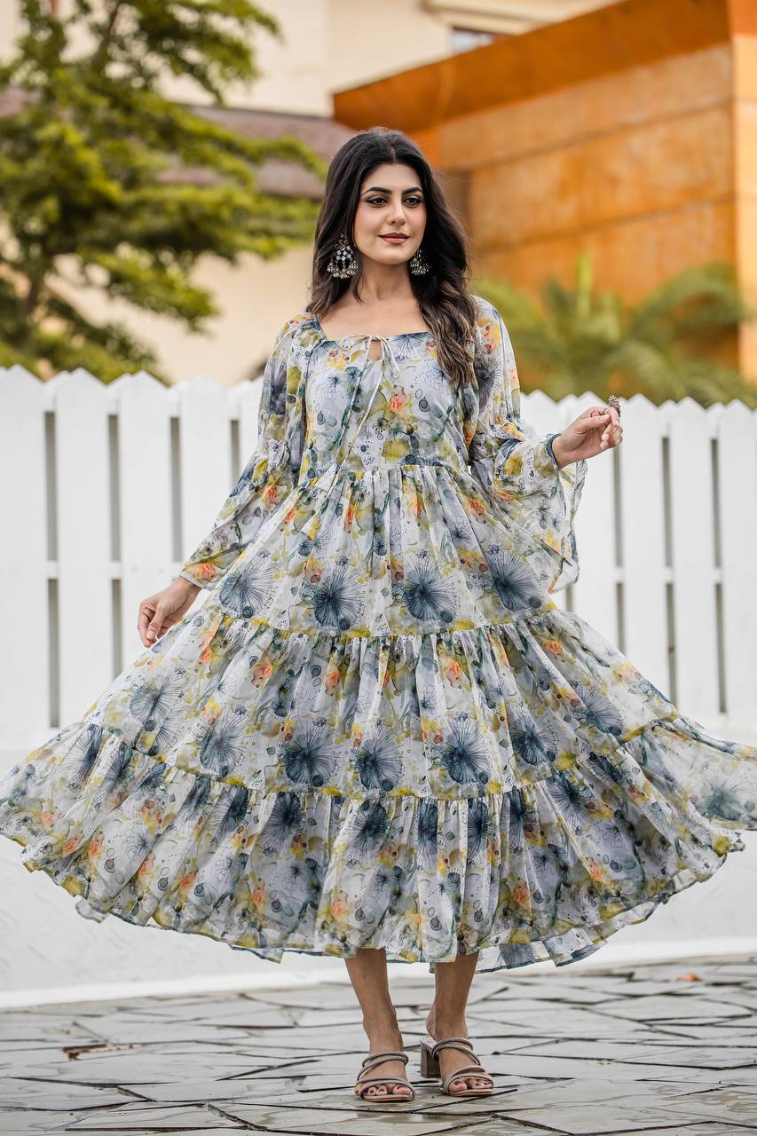 Stylish Georgette Gown With Geometric Digital Print