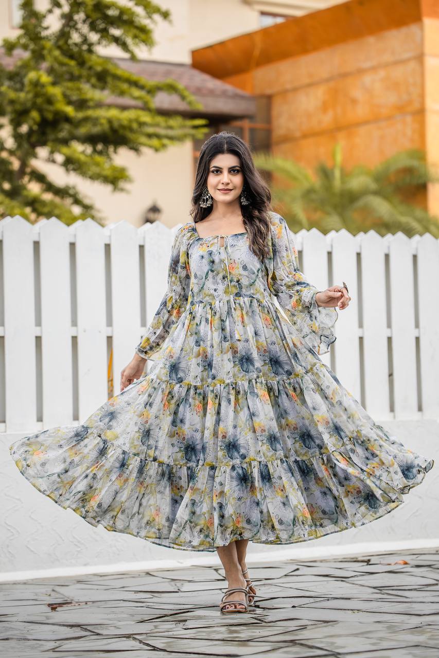 Stylish Georgette Gown With Geometric Digital Print