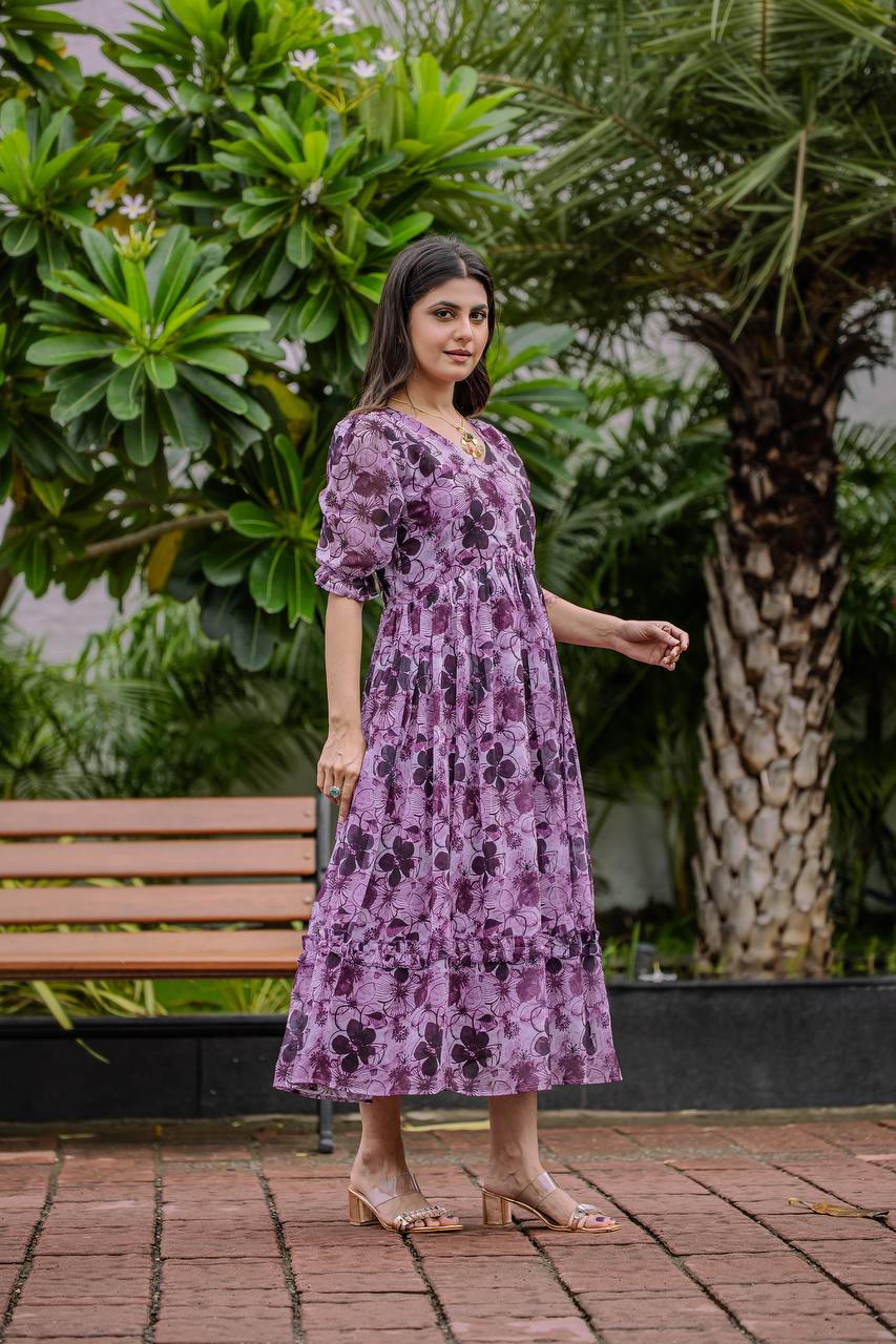 Stylish Georgette Gown With Detailed Floral & Geometric Digital Print