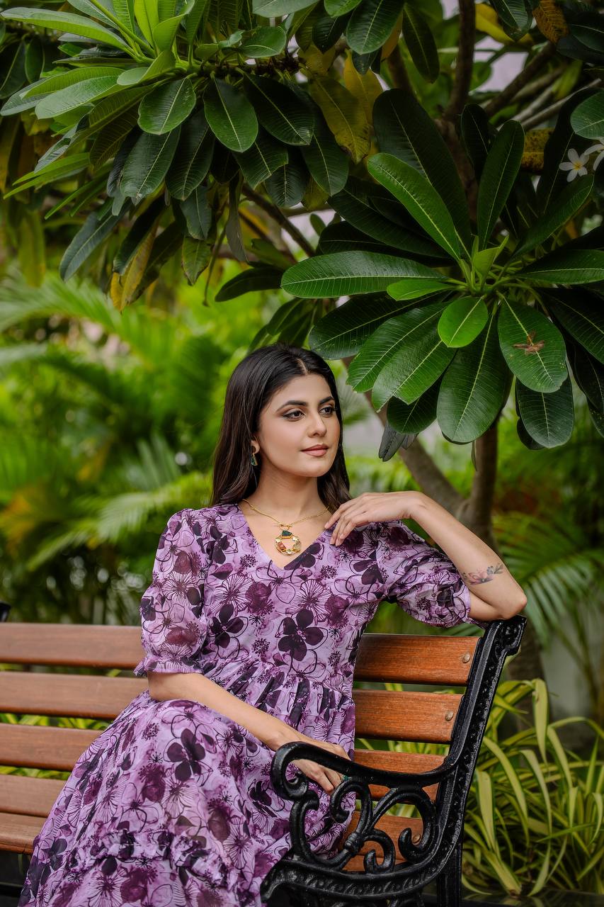 Stylish Georgette Gown With Detailed Floral & Geometric Digital Print