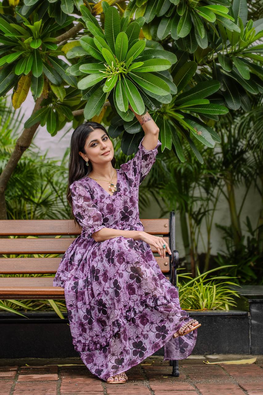 Stylish Georgette Gown With Detailed Floral & Geometric Digital Print