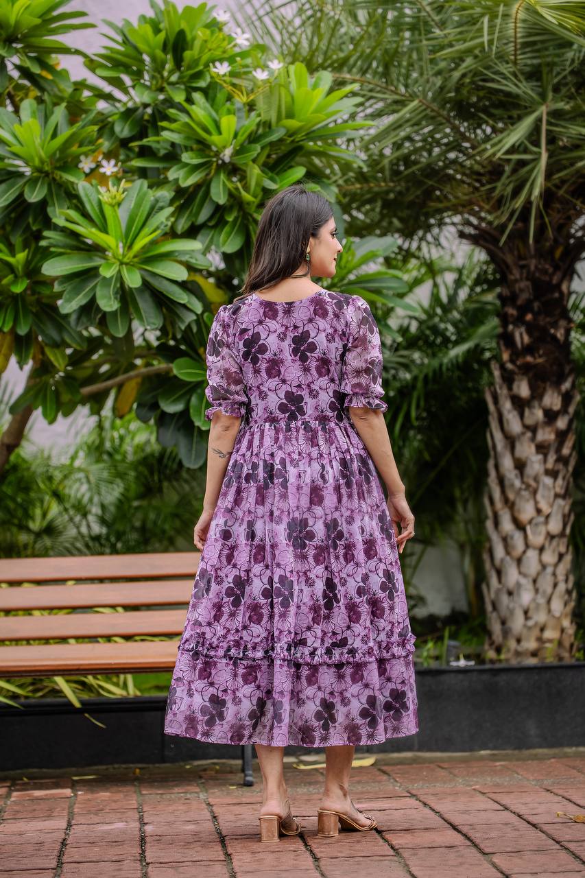 Stylish Georgette Gown With Detailed Floral & Geometric Digital Print