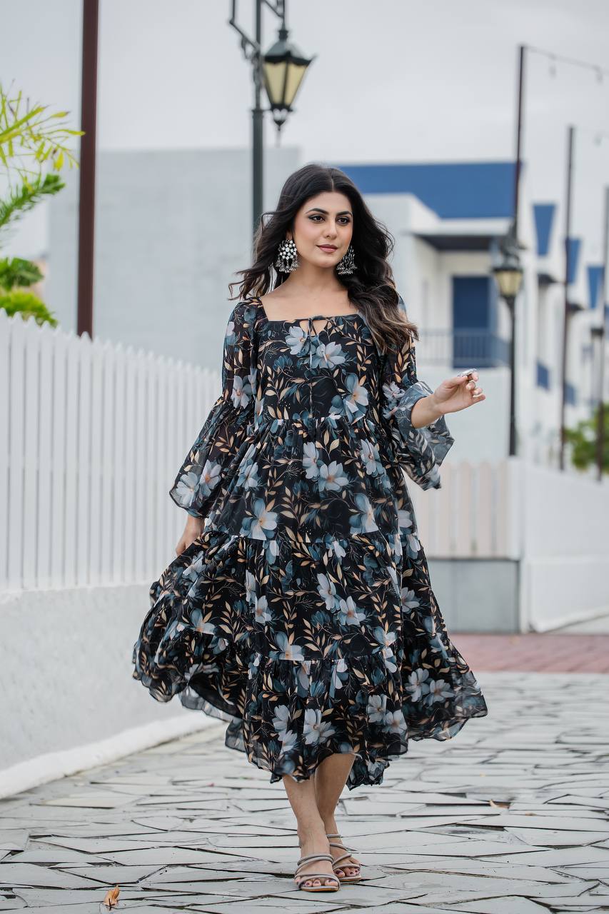 Stylish Georgette Gown Beautifully Detailed Floral Digital Print