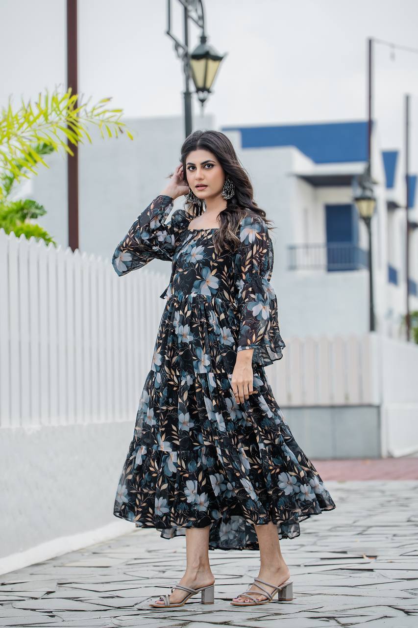 Stylish Georgette Gown Beautifully Detailed Floral Digital Print