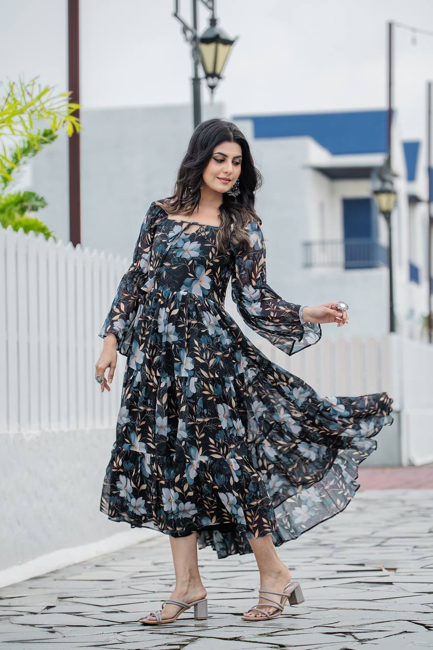 Stylish Georgette Gown Beautifully Detailed Floral Digital Print