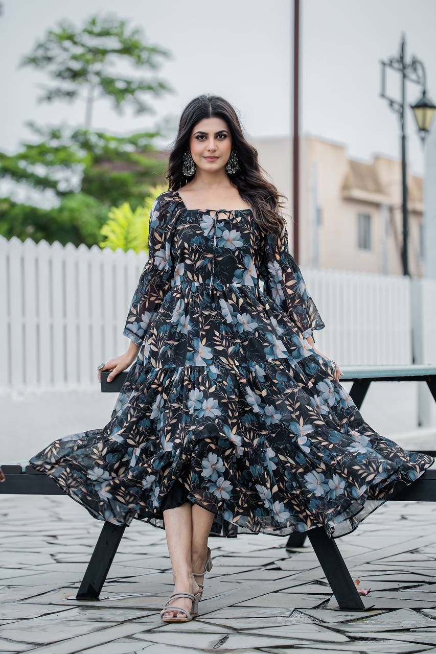 Stylish Georgette Gown Beautifully Detailed Floral Digital Print