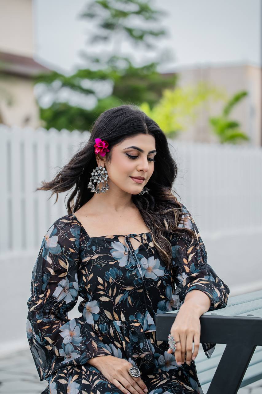 Stylish Georgette Gown Beautifully Detailed Floral Digital Print