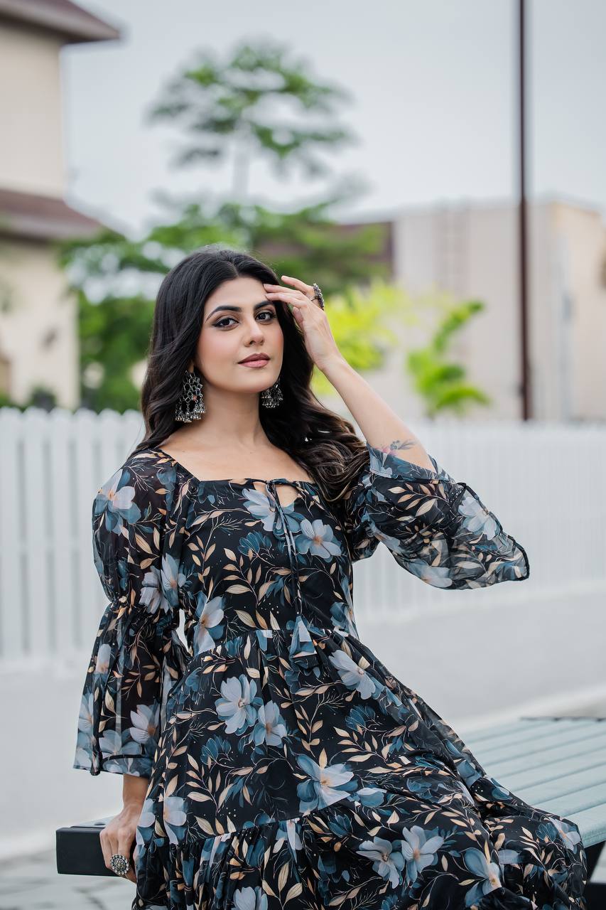 Stylish Georgette Gown Beautifully Detailed Floral Digital Print