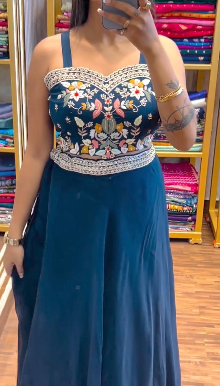 फैंसी 3 पीस रेडीमेड लहंगा ब्लाउज सेट श्रग के साथ