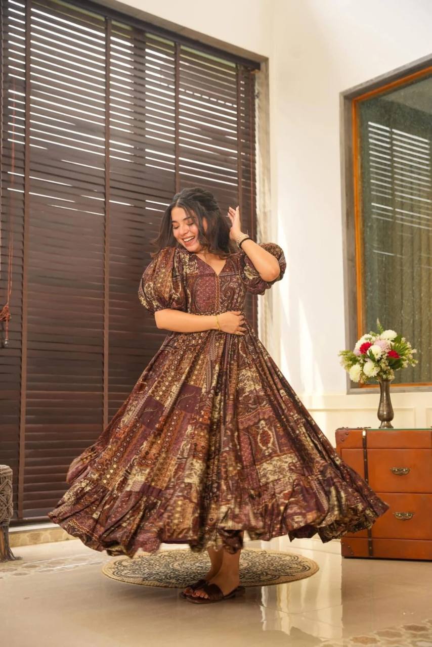 Beautiful Party Wear Look Gown With Printed And Frill Work