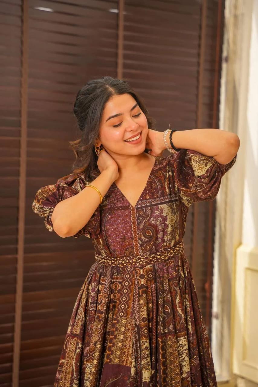 Beautiful Party Wear Look Gown With Printed And Frill Work