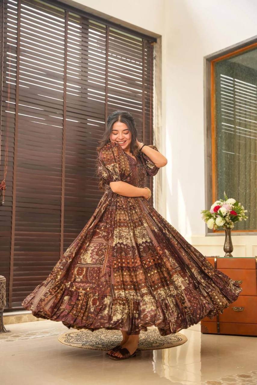 Beautiful Party Wear Look Gown With Printed And Frill Work