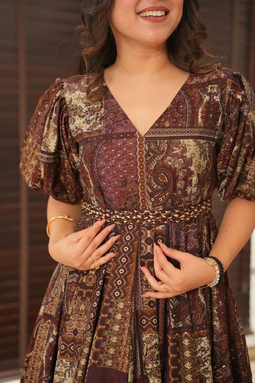 Beautiful Party Wear Look Gown With Printed And Frill Work