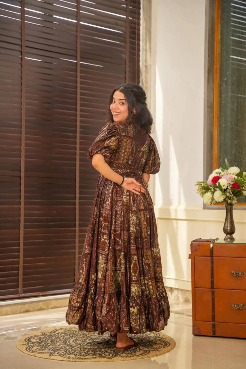 Beautiful Party Wear Look Gown With Printed And Frill Work