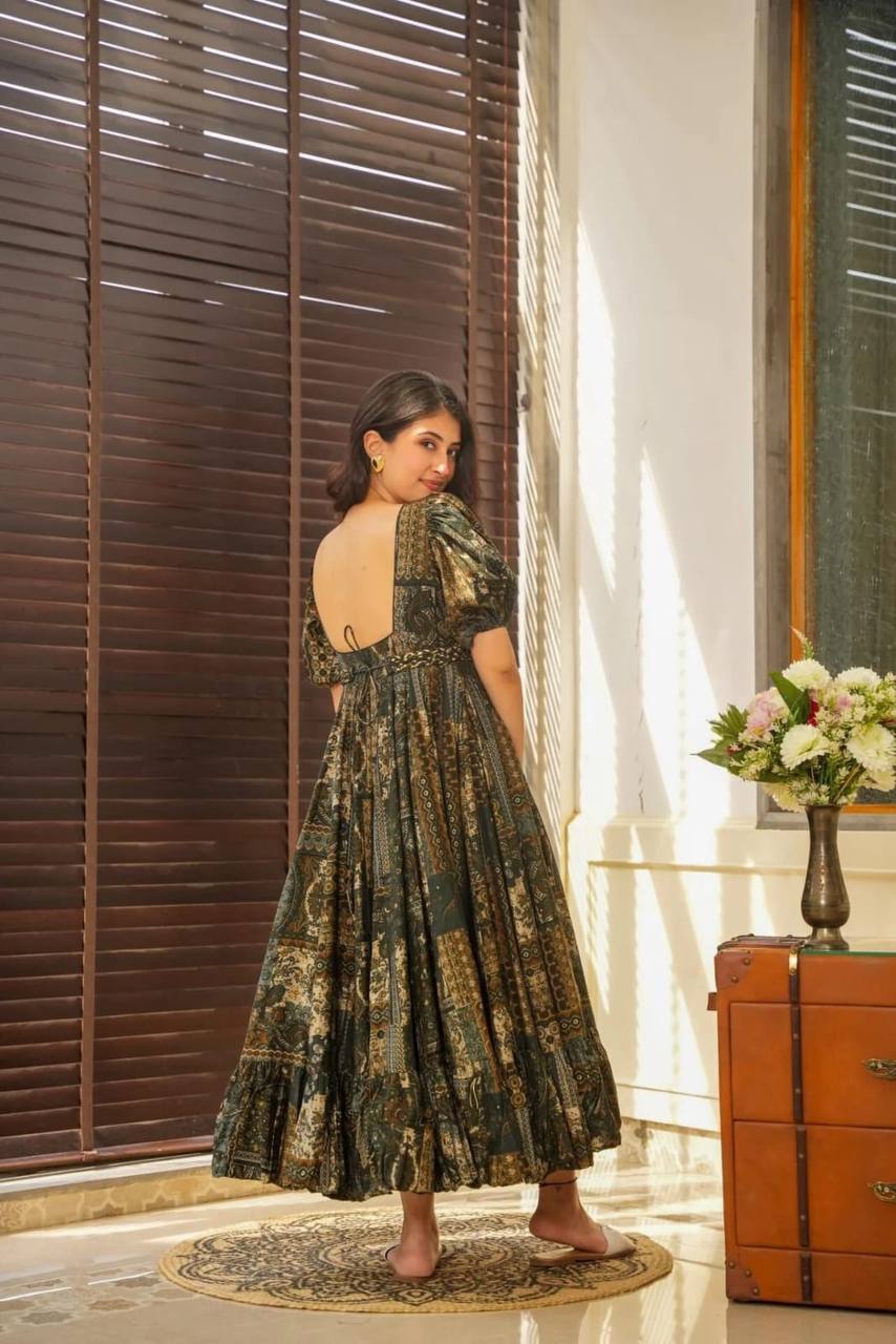 Beautiful Party Wear Look Gown With Printed And Frill Work